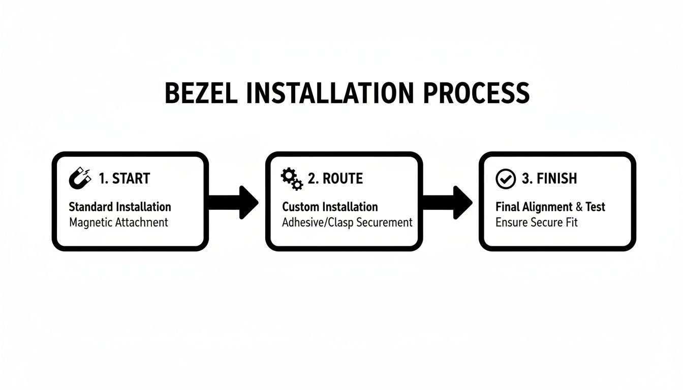 Flowchart detailing the three-step bezel installation process, including magnetic, adhesive, and alignment stages.