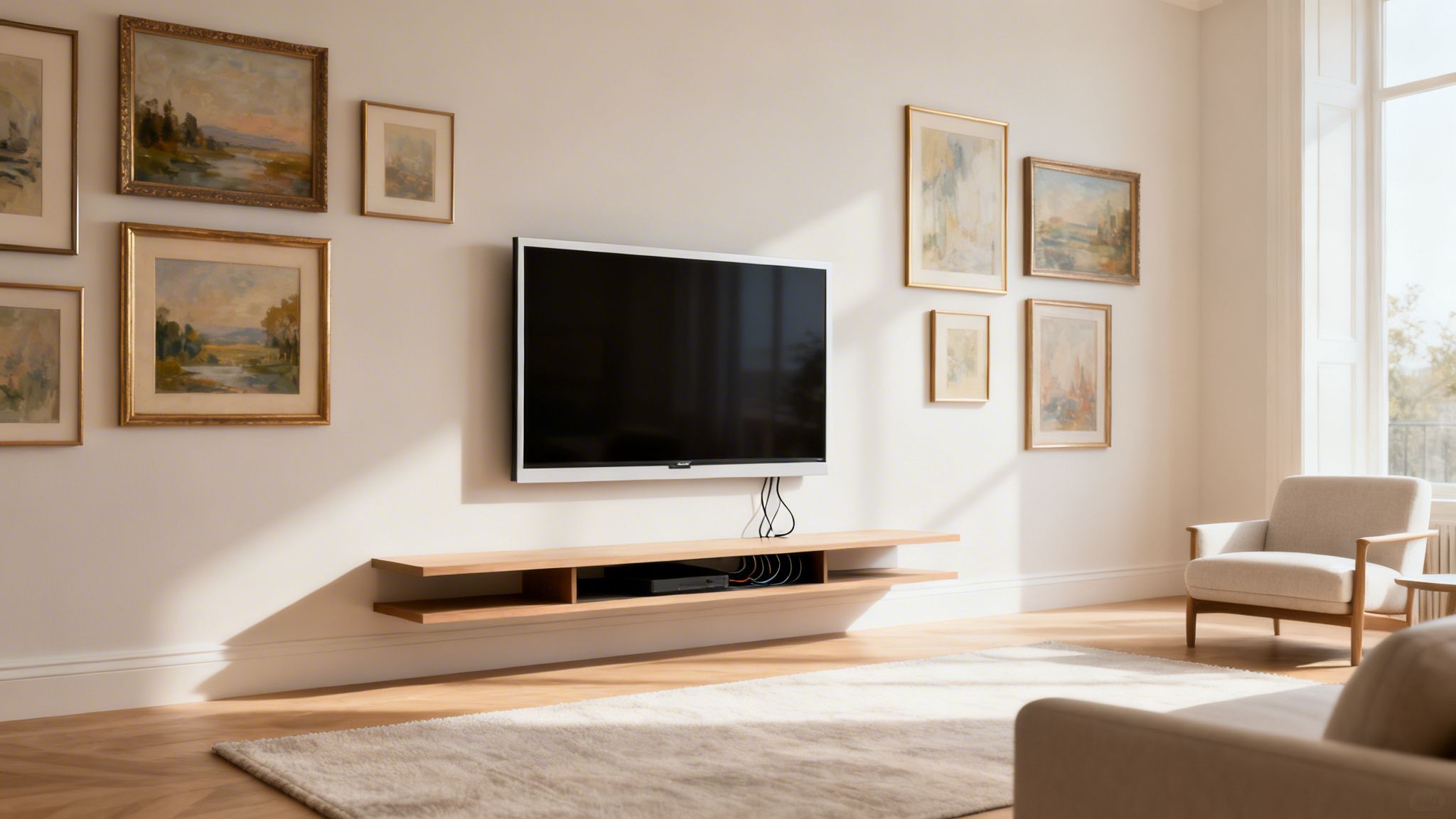 A modern living room with a wall-mounted TV, floating wooden console, and framed artwork.