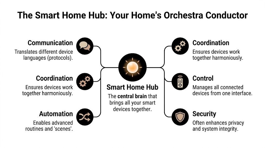 A diagram illustrating the functions of a smart home hub as the central control for connected devices.