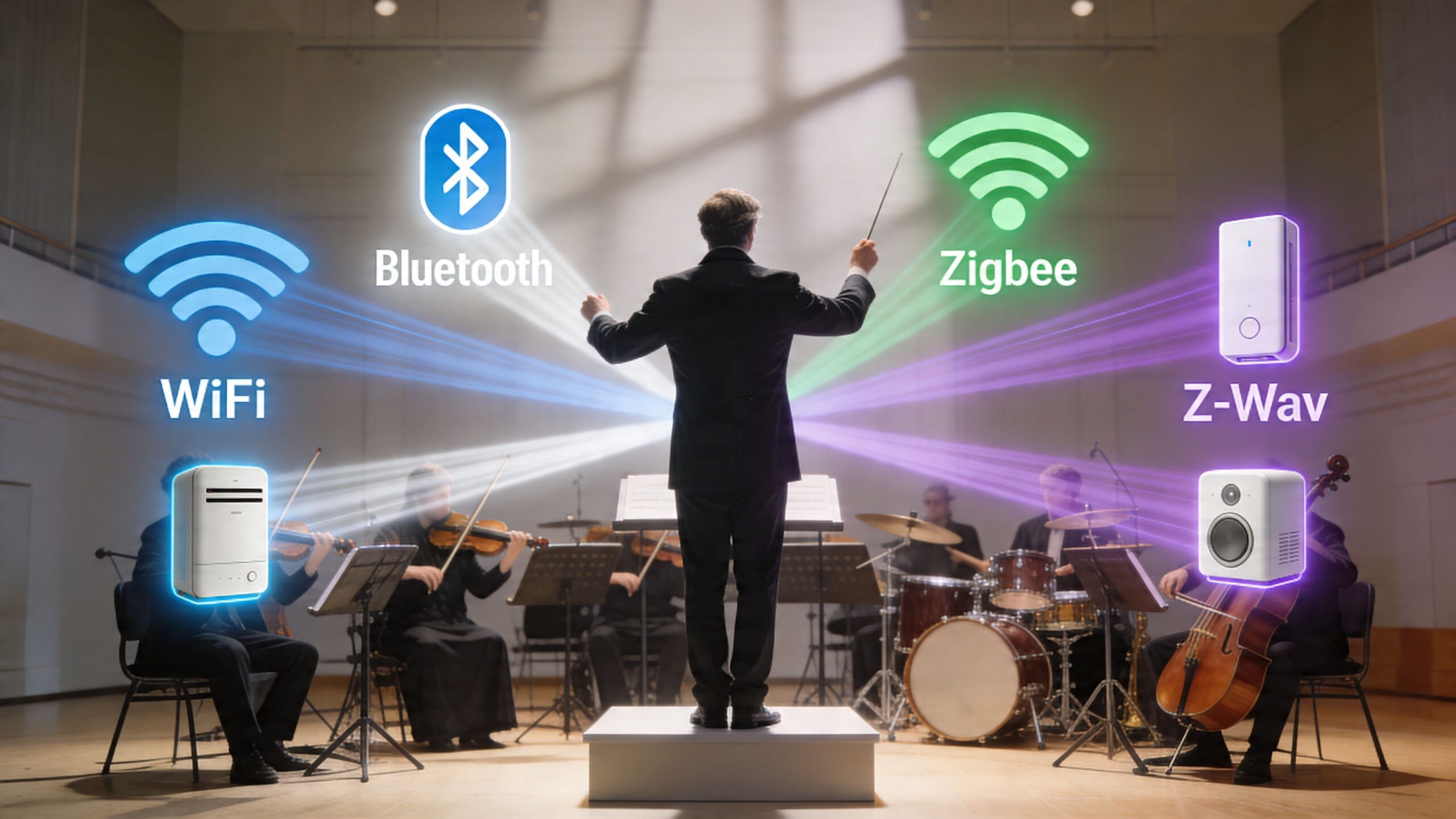 A conductor leading an orchestra with glowing icons representing smart home technologies like WiFi, Bluetooth, Zigbee, and Z-Wave.