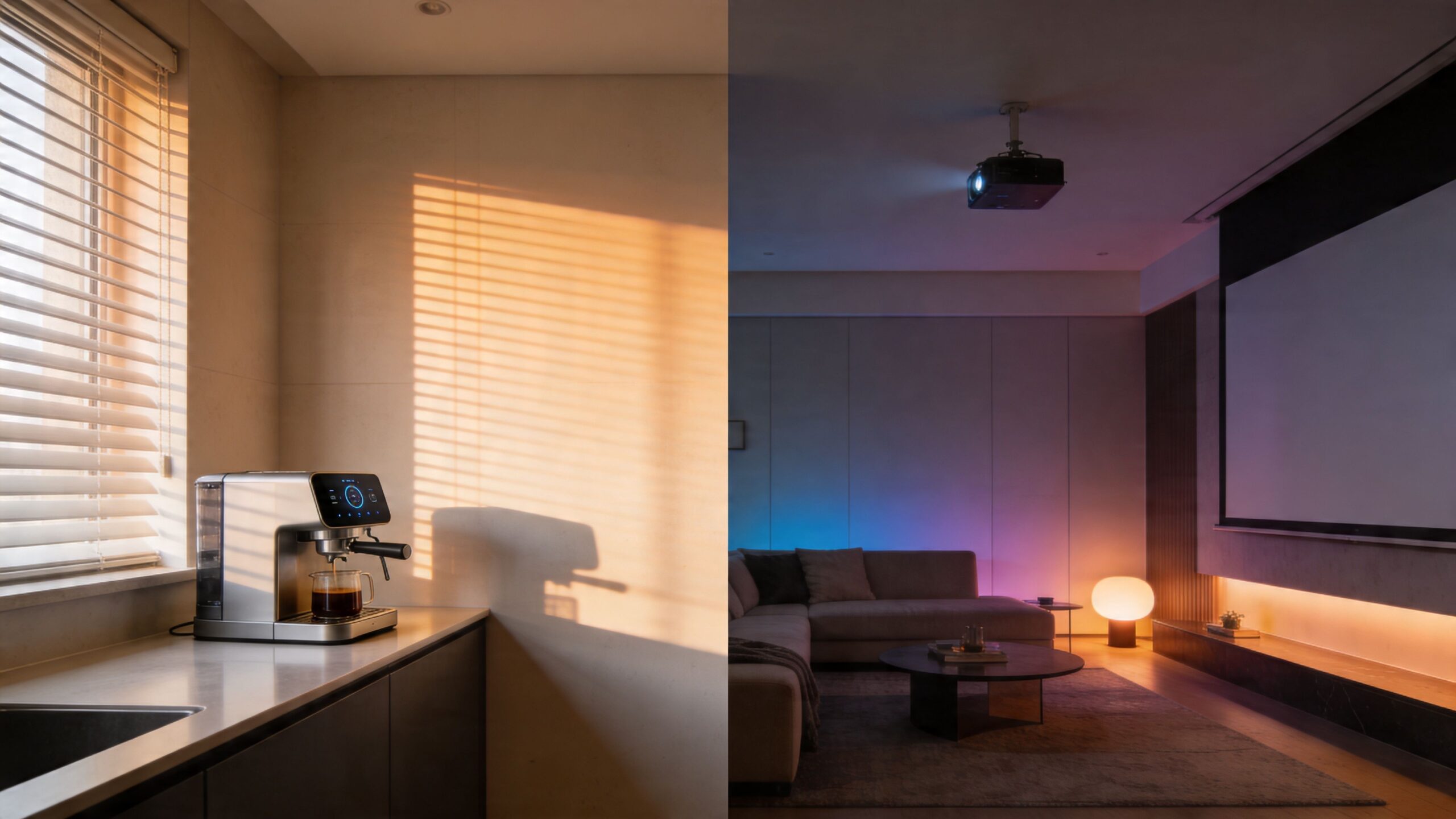 A split-view image showing a sunlit kitchen coffee machine alongside a modern living room with smart lighting.