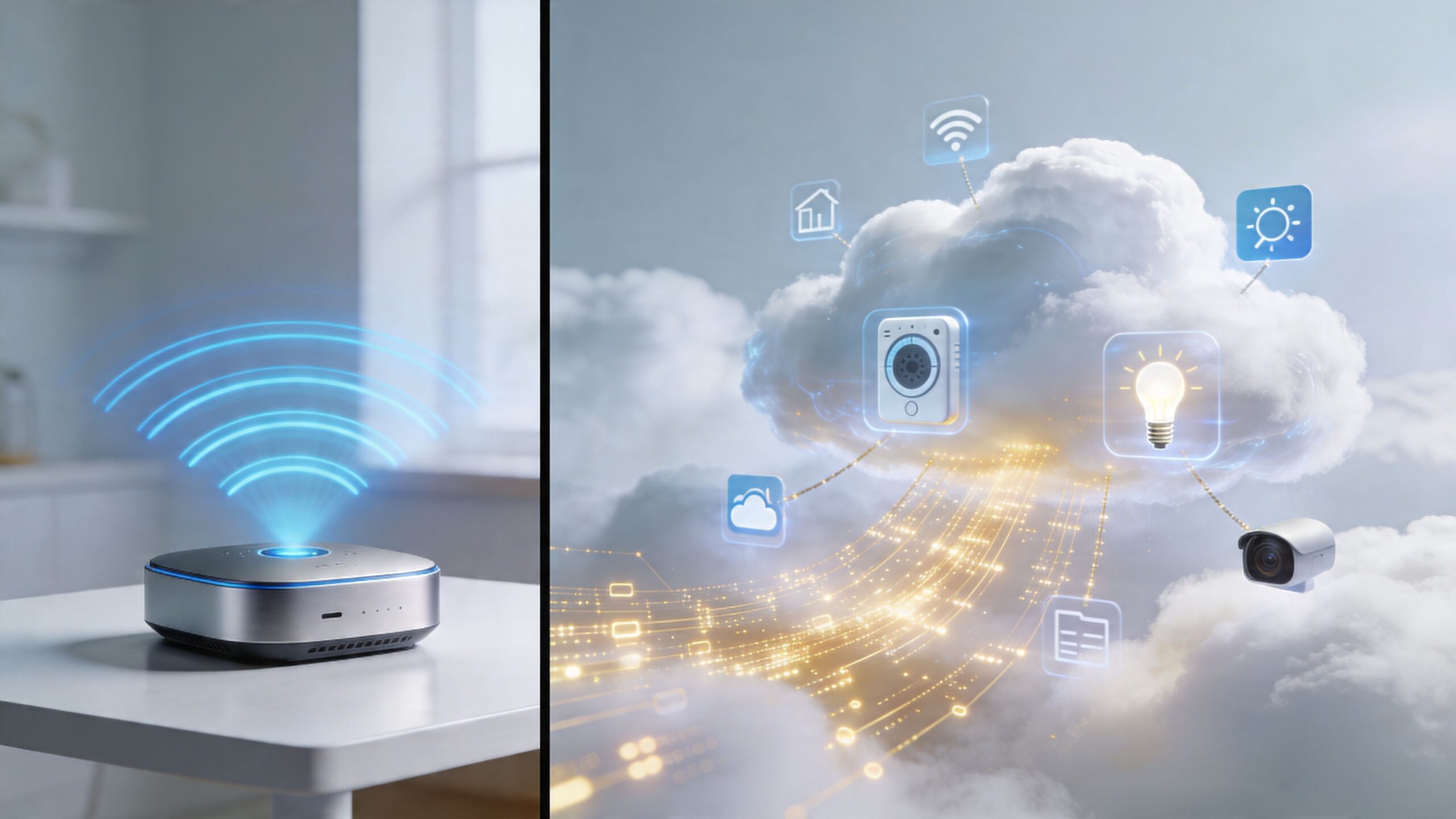 A smart home hub sitting on a table with digital icons showing cloud connectivity to home devices.