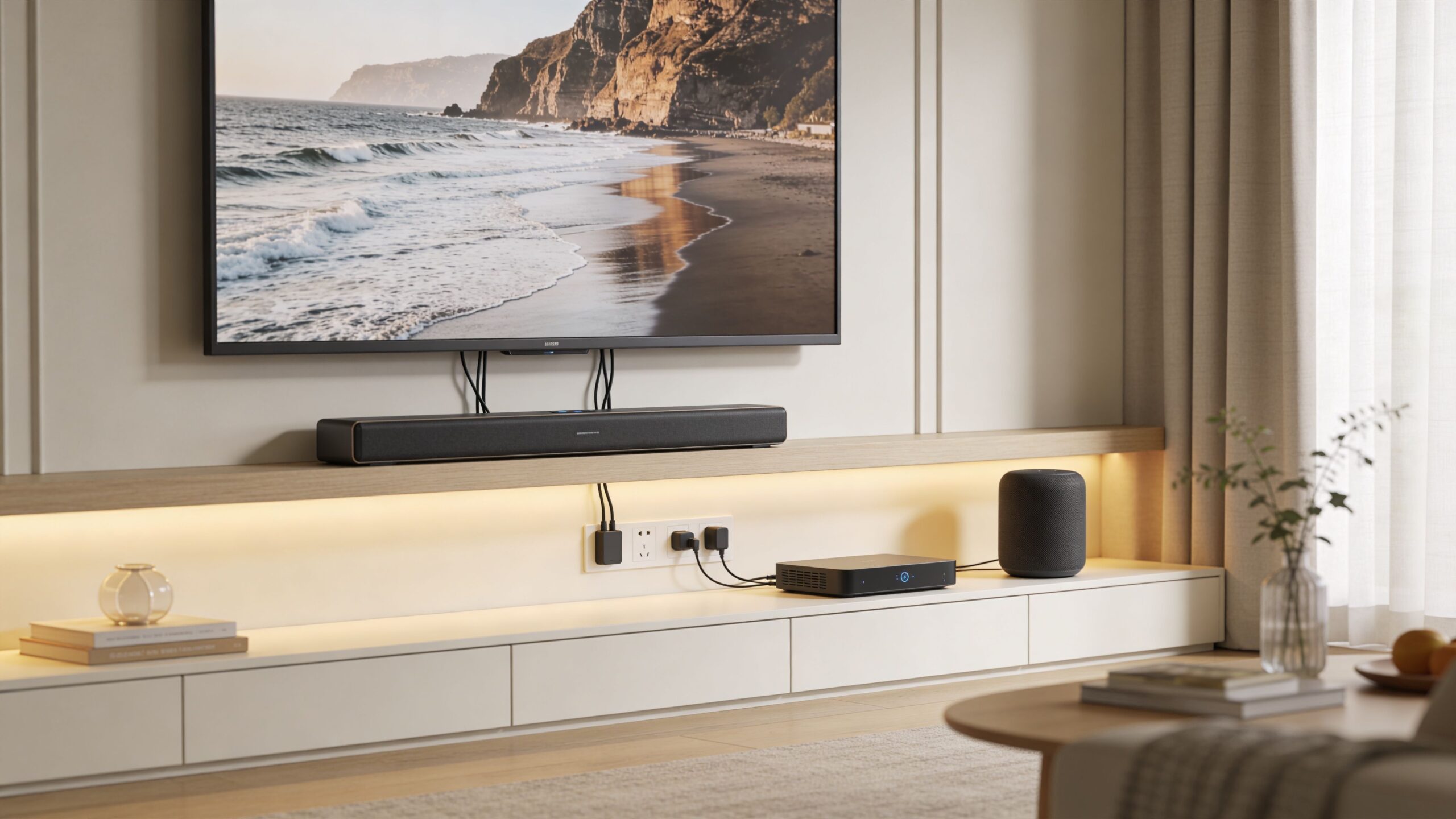 A modern living room featuring a wall mounted television, soundbar, and organized media console with subtle lighting.