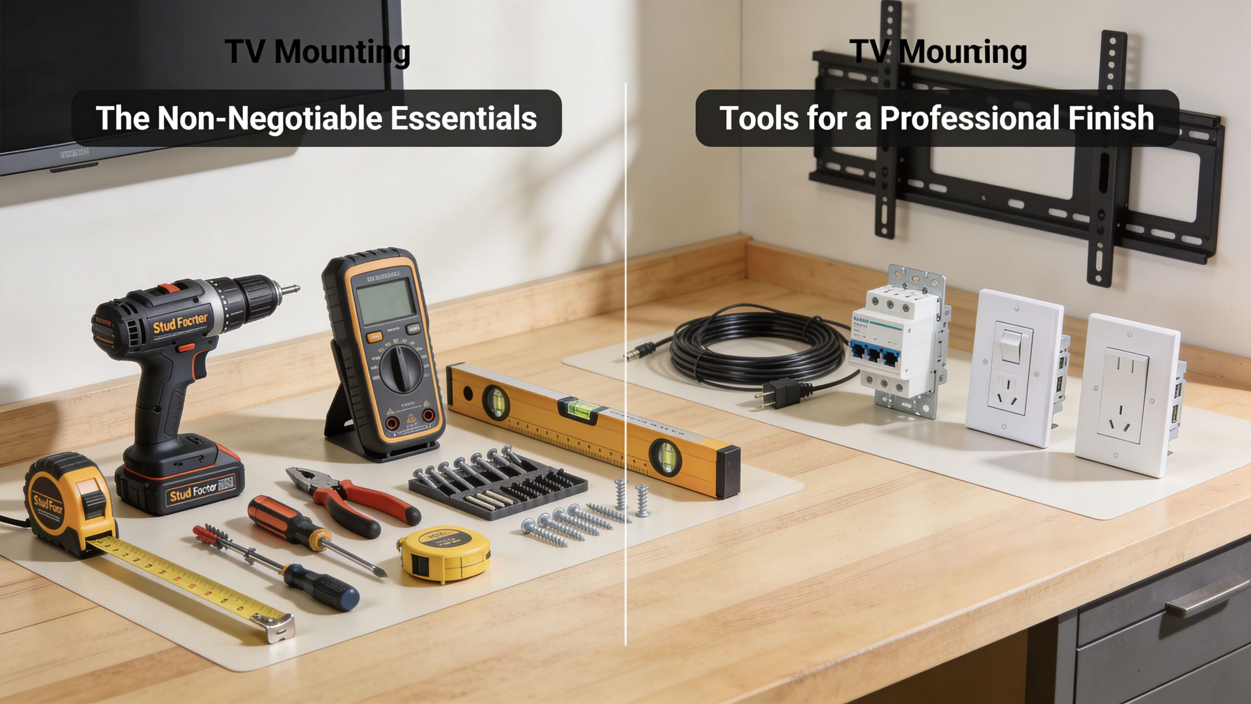 A wooden workbench displaying essential tools and electrical components needed for mounting a television on a wall.