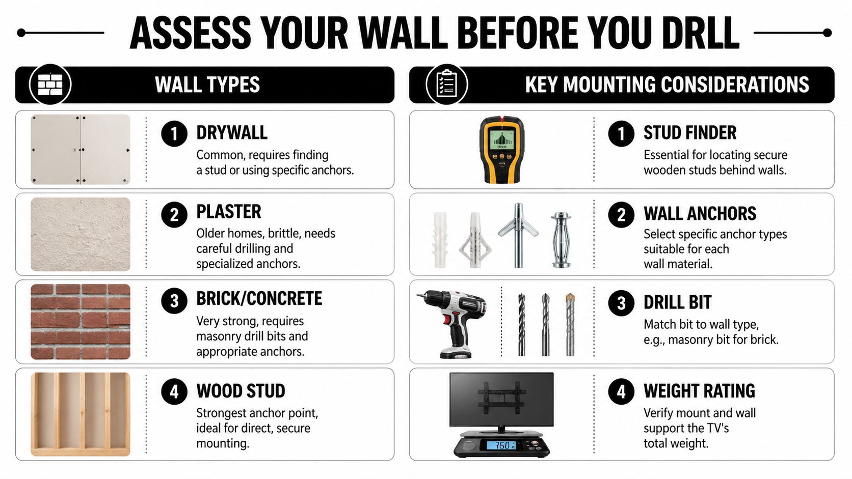 An infographic titled Assess Your Wall Before You Drill illustrating wall types and essential mounting considerations for TVs.
