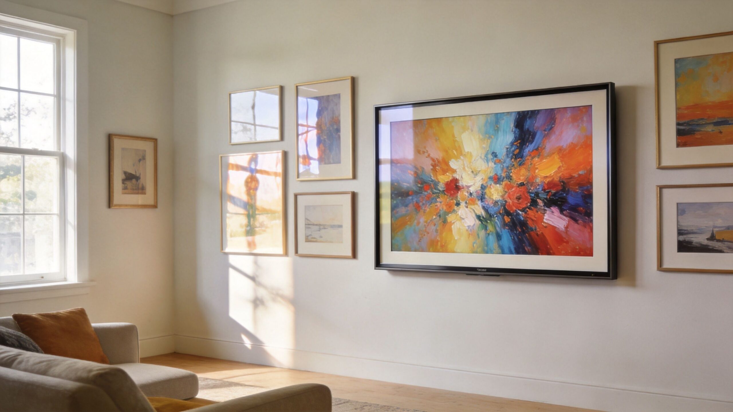 A 65 inch frame television displaying a vibrant abstract painting on a living room wall gallery.