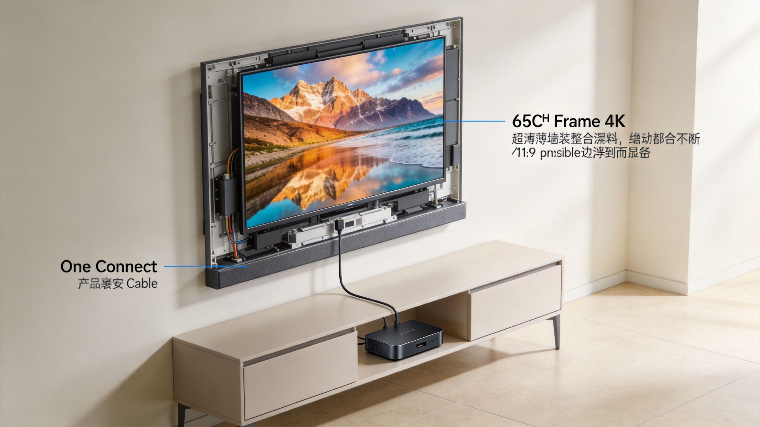A 65-inch frame TV mounted on a wall with its internal wiring and One Connect box connection visible.