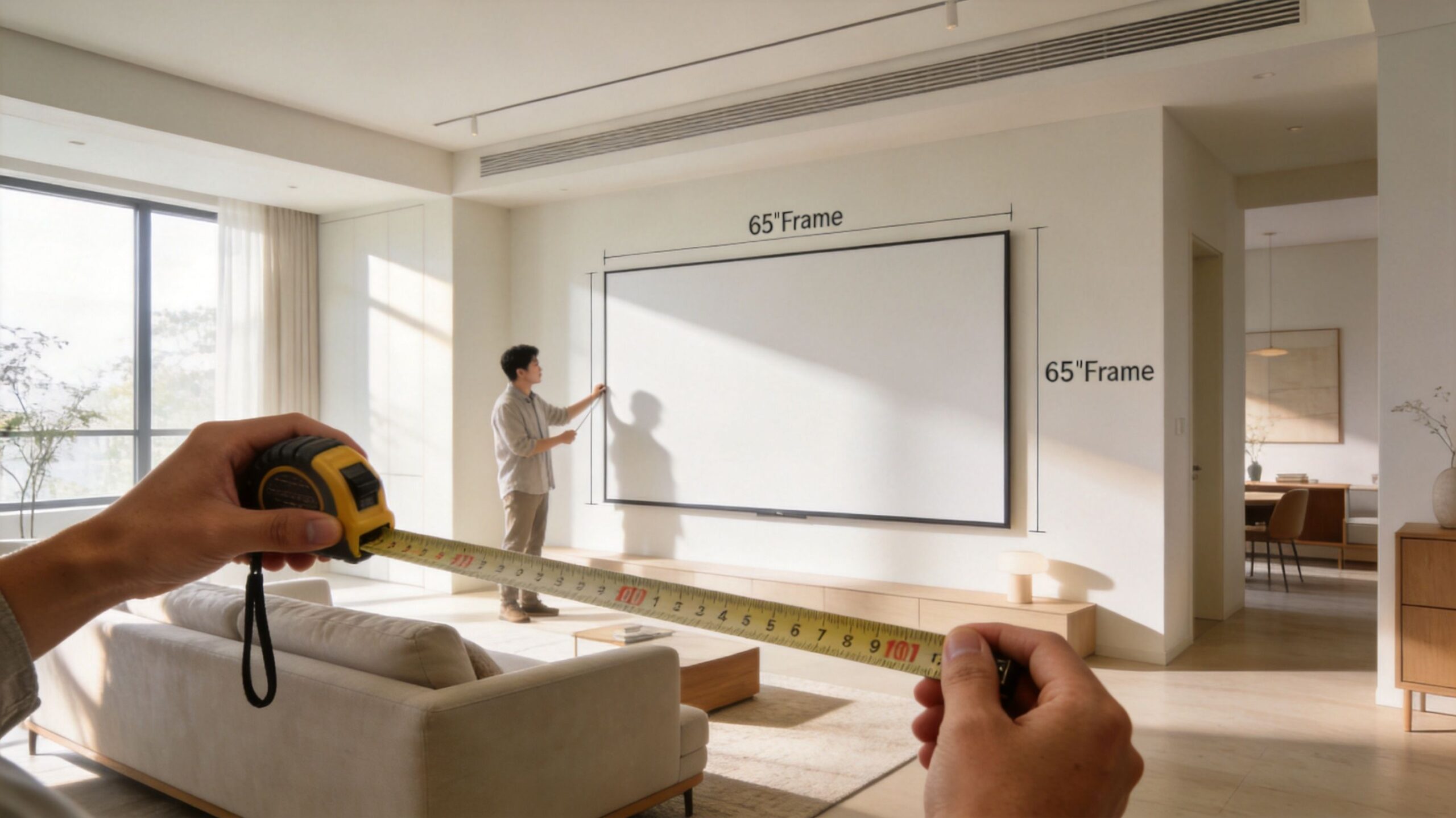 A person using a measuring tape to determine the size of a large wall-mounted 65 inch television.