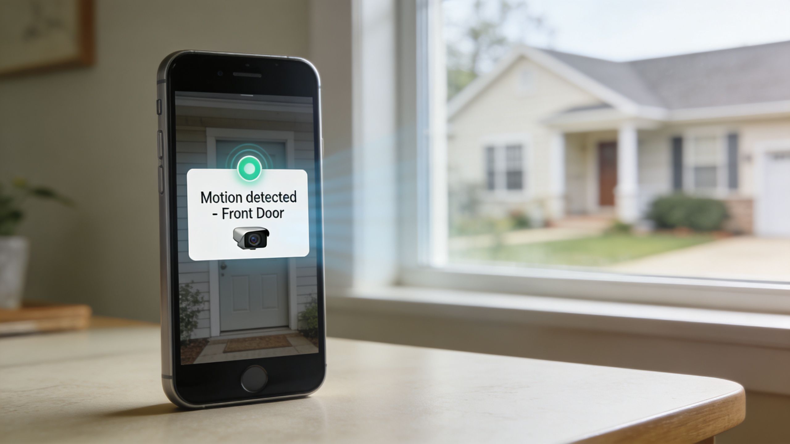 A smartphone on a table showing a motion detected notification from a security camera at the front door.