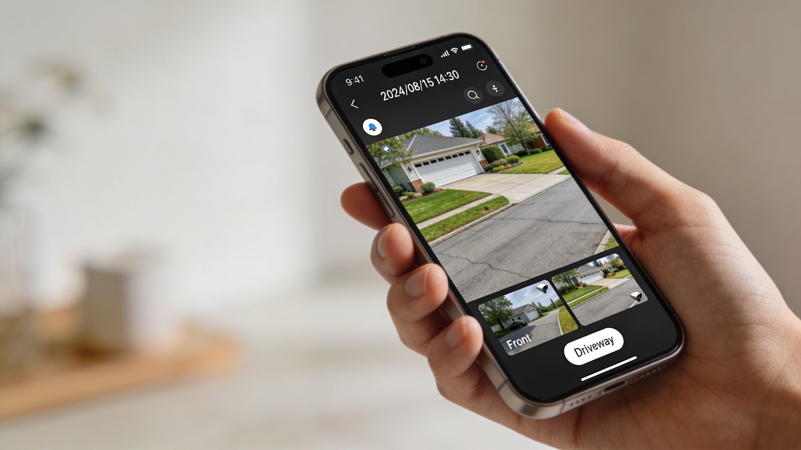 A hand holding a smartphone displaying a home security app showing live footage of a driveway.
