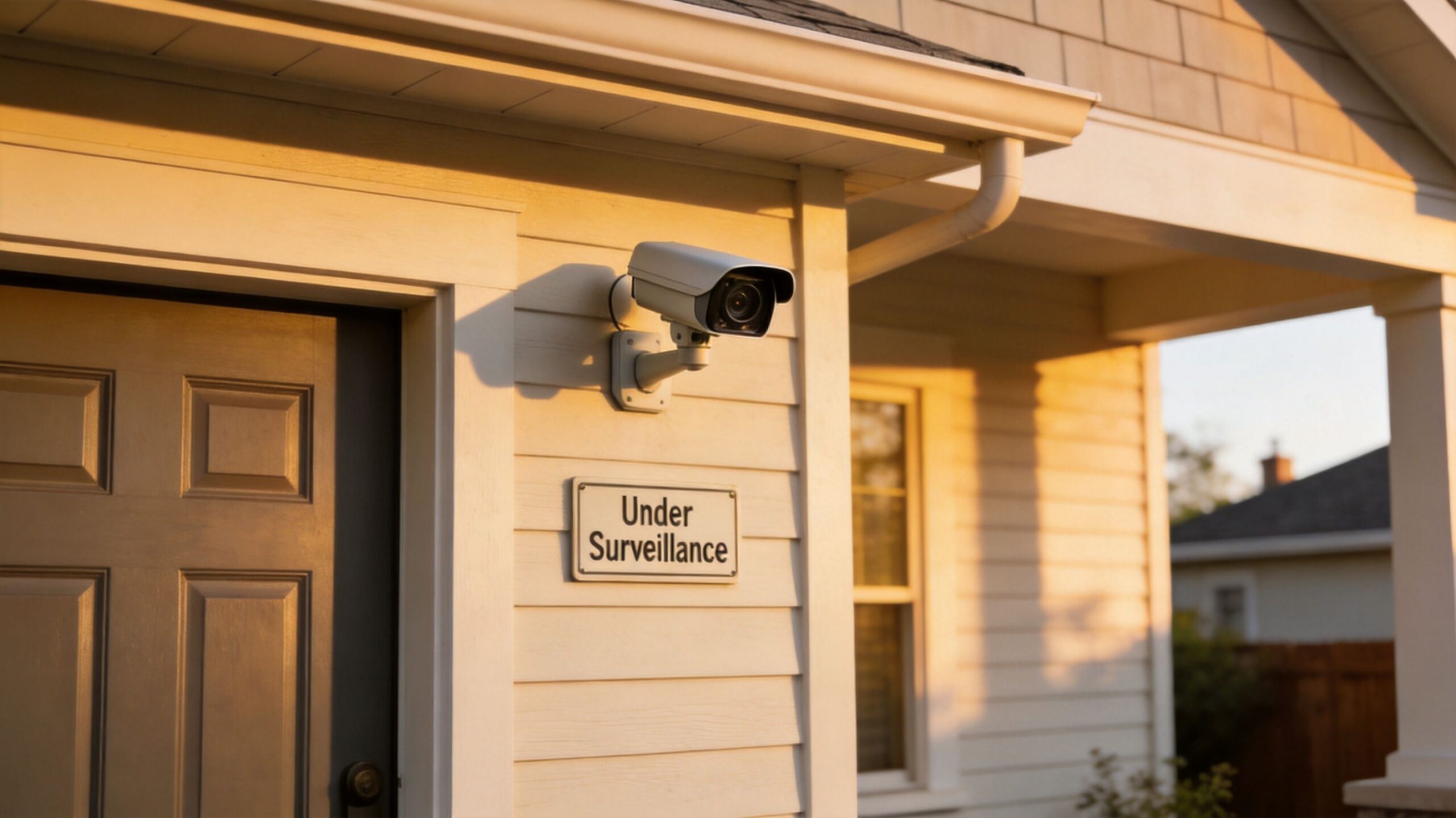 A modern security camera mounted on a suburban home exterior wall with an Under Surveillance sign.