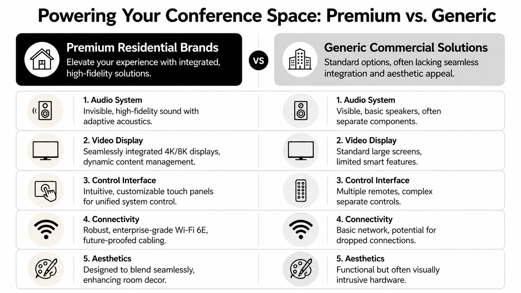 A comparison chart showing benefits of premium residential AV systems versus generic commercial solutions for conference rooms.