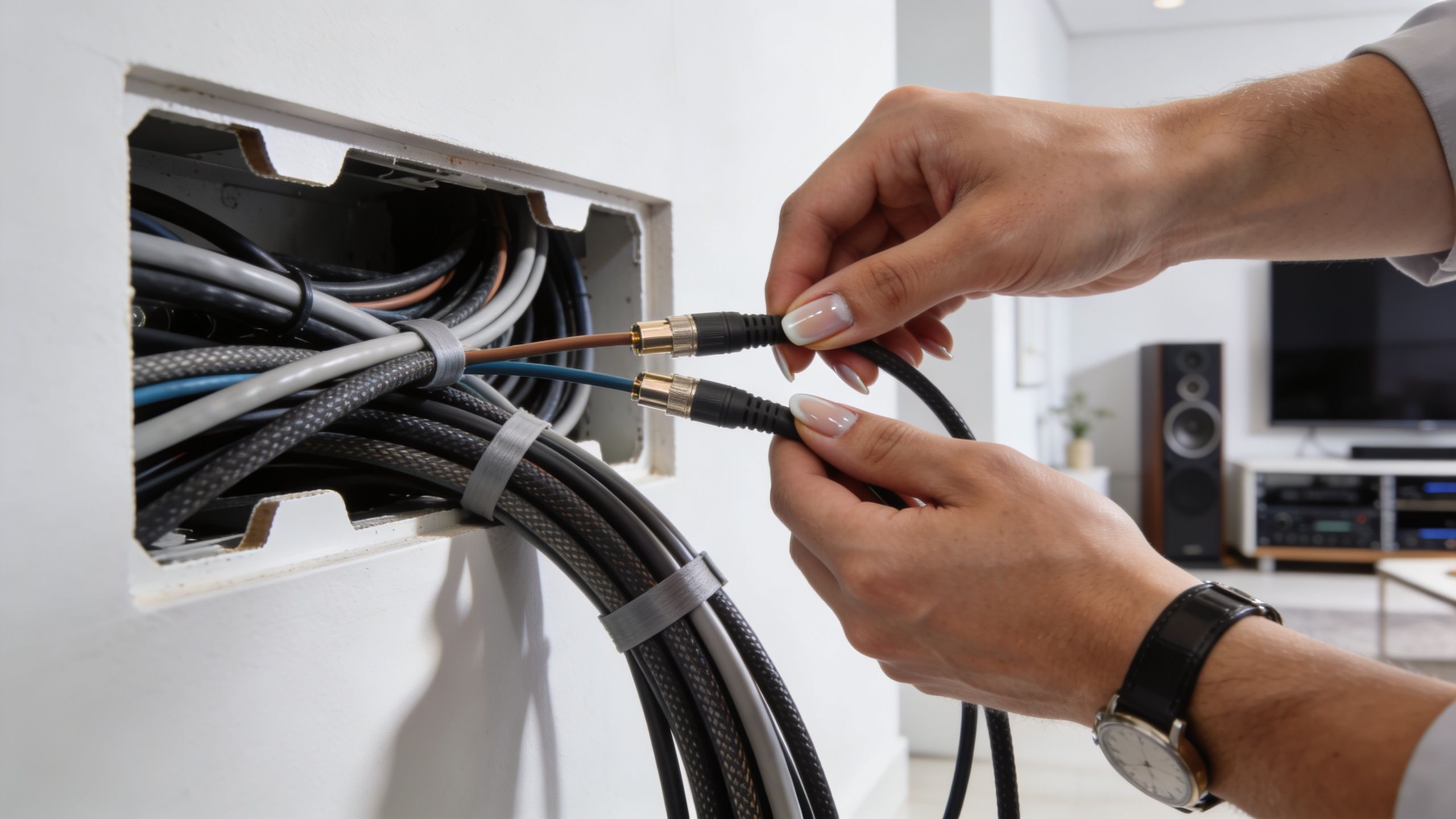 A technician carefully connecting high-quality audio video cables during a professional conference room AV installation project.