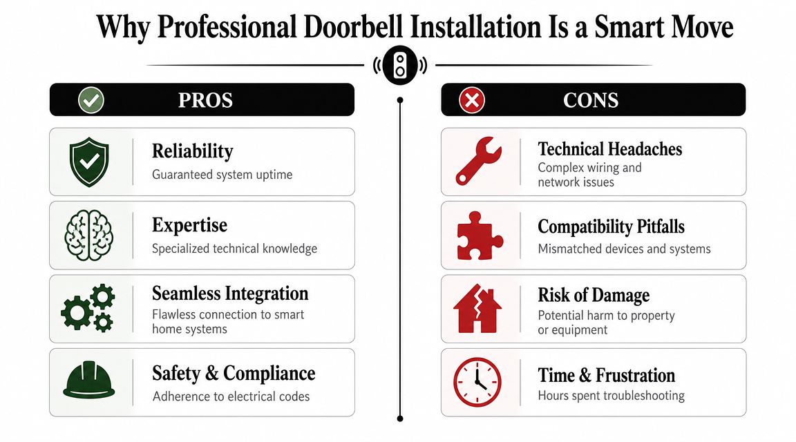 A comparison infographic showing the pros and cons of professional doorbell installation versus DIY installation.