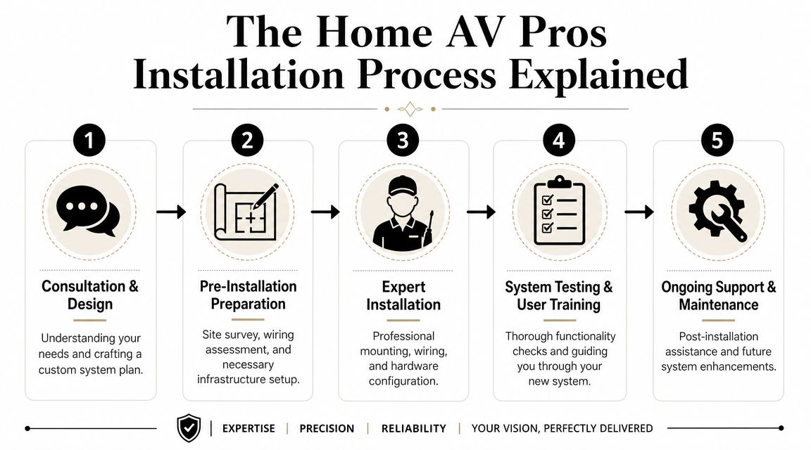 A flowchart showing the five-step home AV installation process from initial consultation to ongoing maintenance and support.