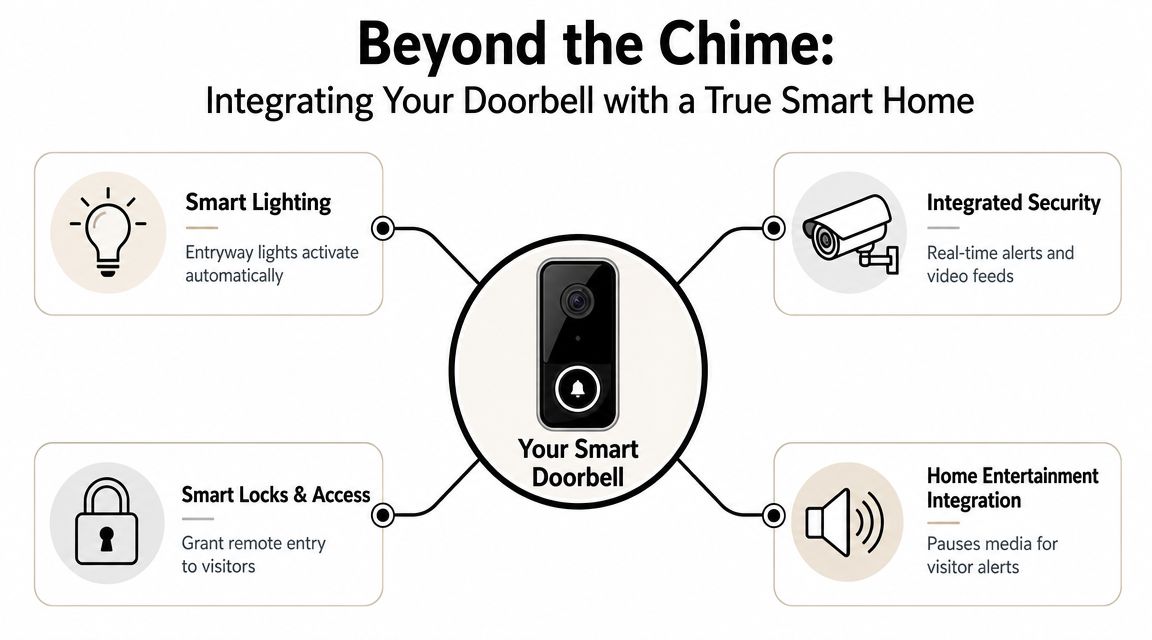 A diagram illustrating how a smart doorbell integrates with lighting, security, locks, and home entertainment systems.