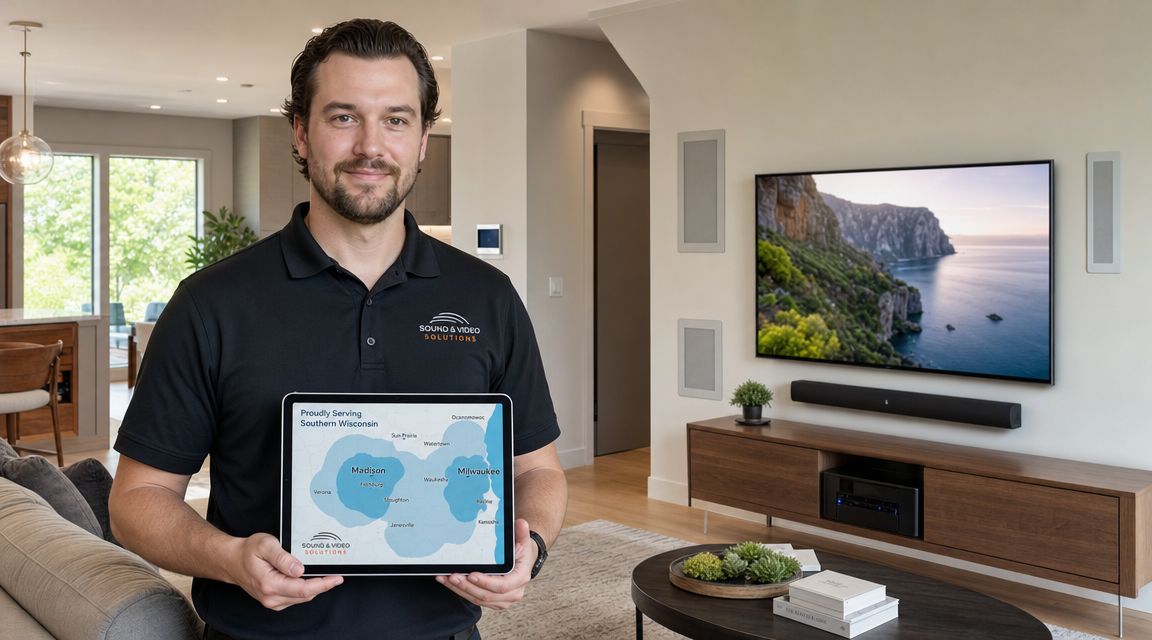 A professional service technician holding a tablet showing a map of service areas in Southern Wisconsin.