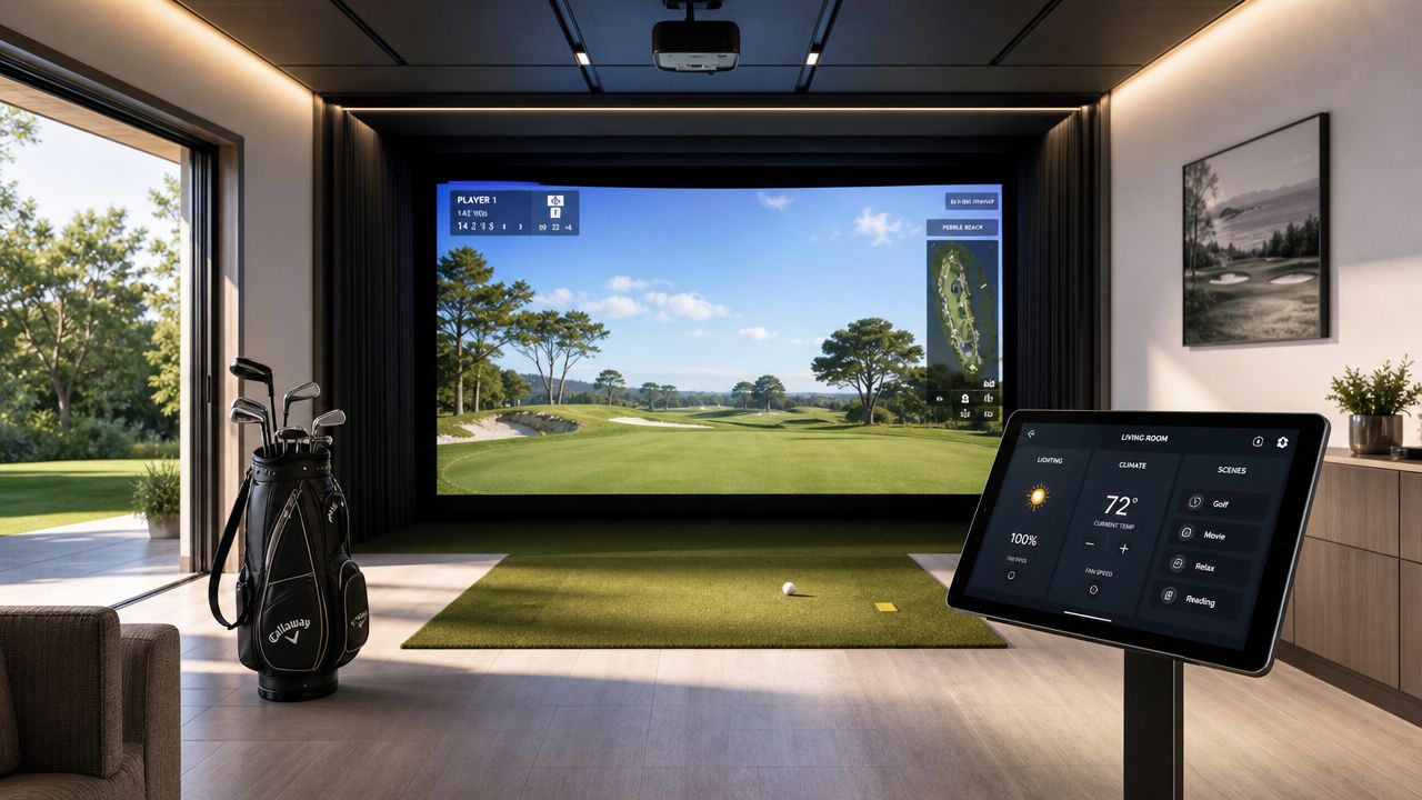 A luxurious home golf simulator room featuring a large projection screen, Callaway golf clubs, and smart control tablet.