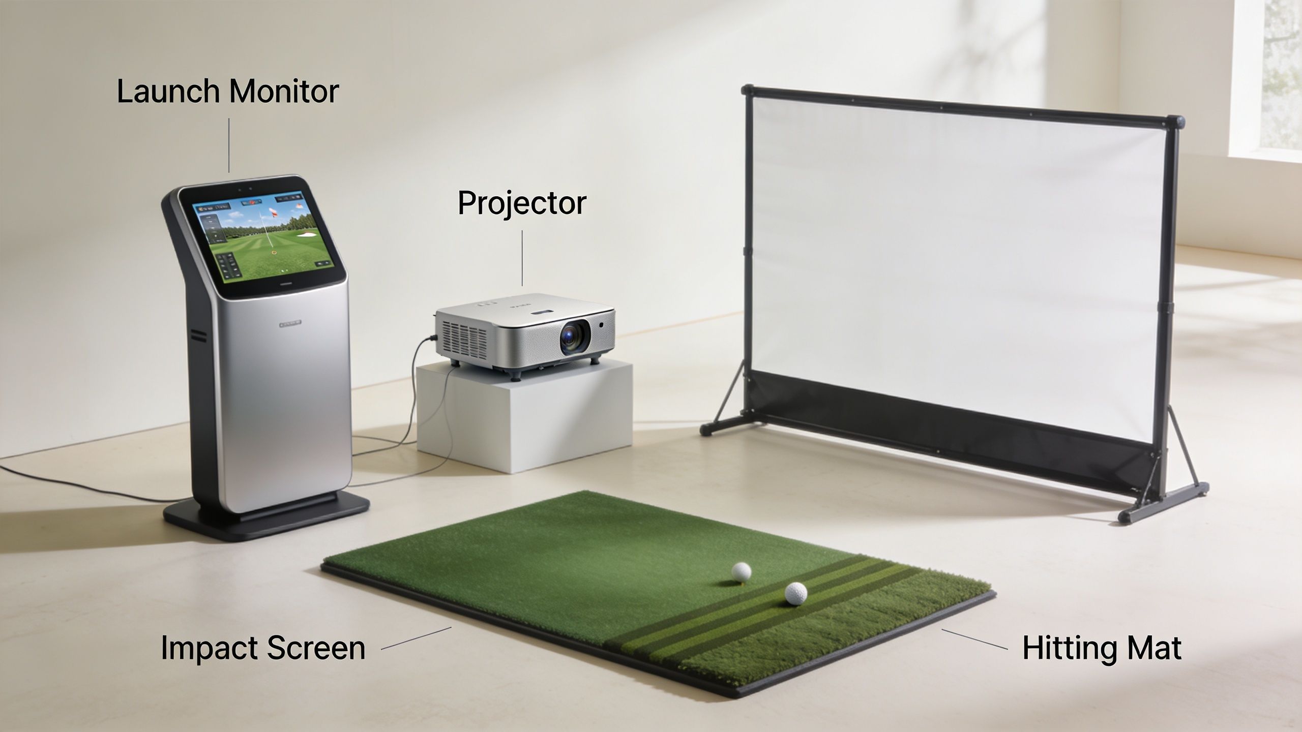 A complete home golf simulator setup with a launch monitor, projector, impact screen, and hitting mat.