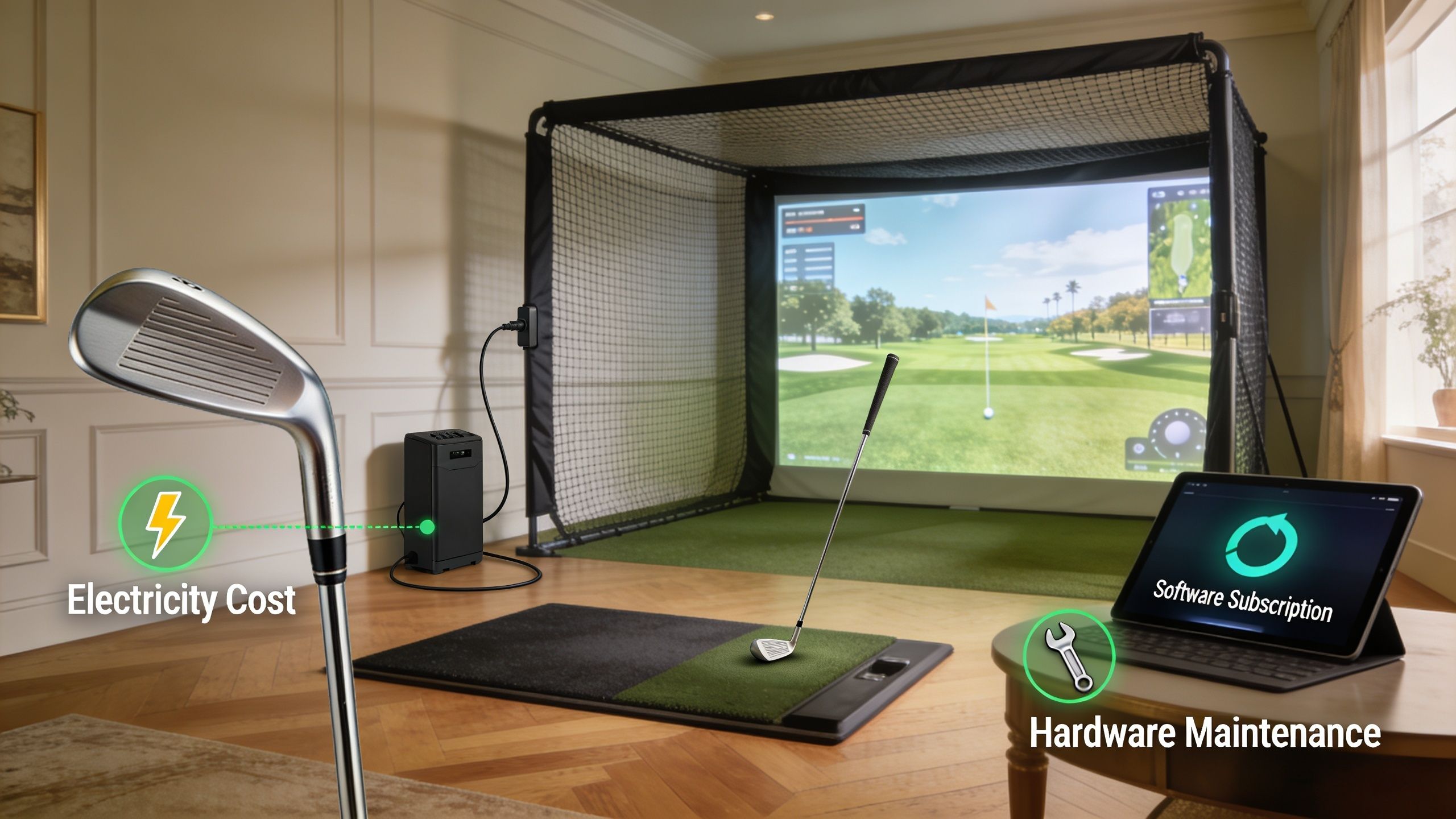A home golf simulator setup with icons illustrating electricity cost, software subscription, and hardware maintenance expenses.