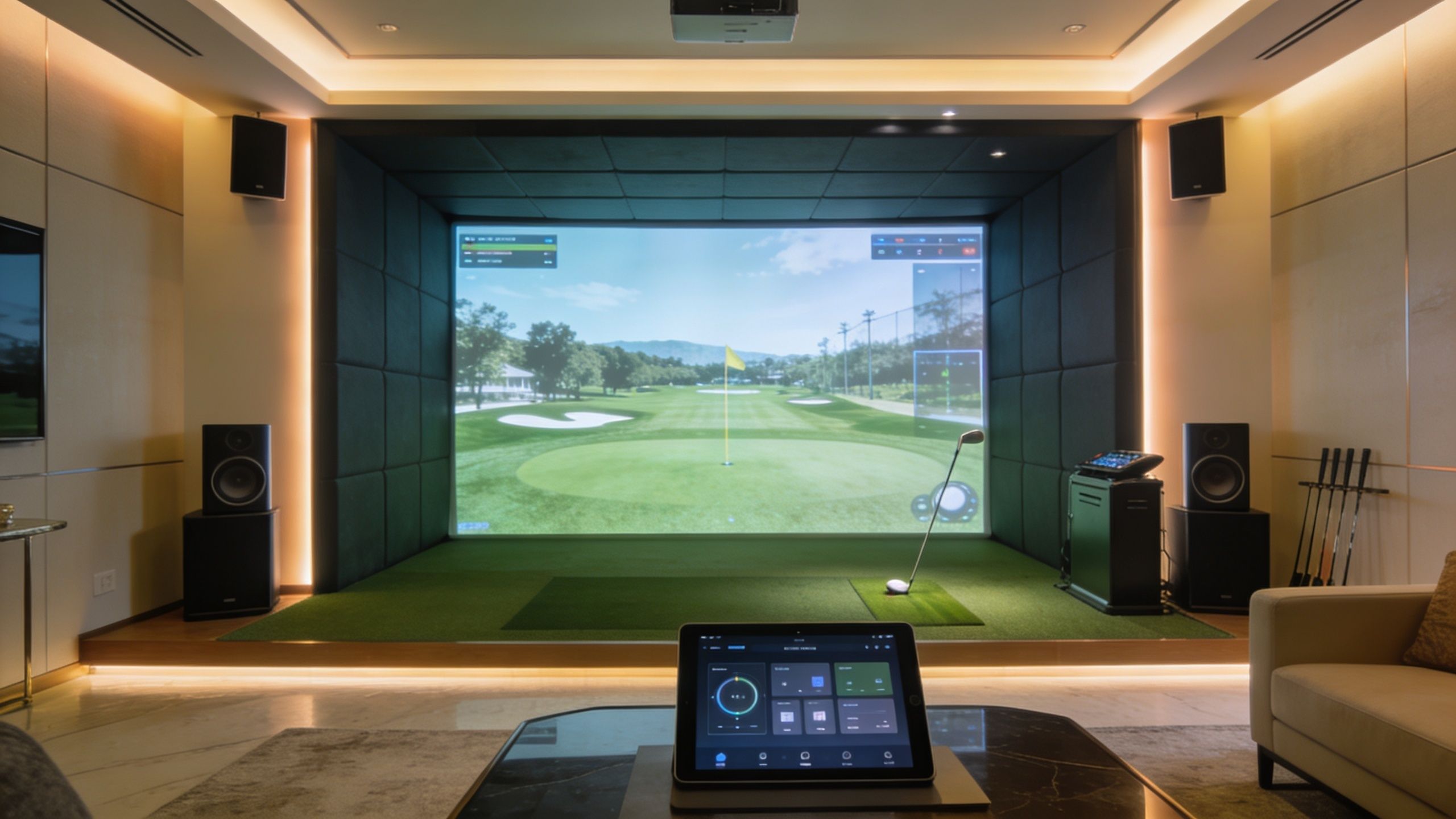 A modern indoor golf simulator room with a large screen, artificial turf, and professional equipment setup.