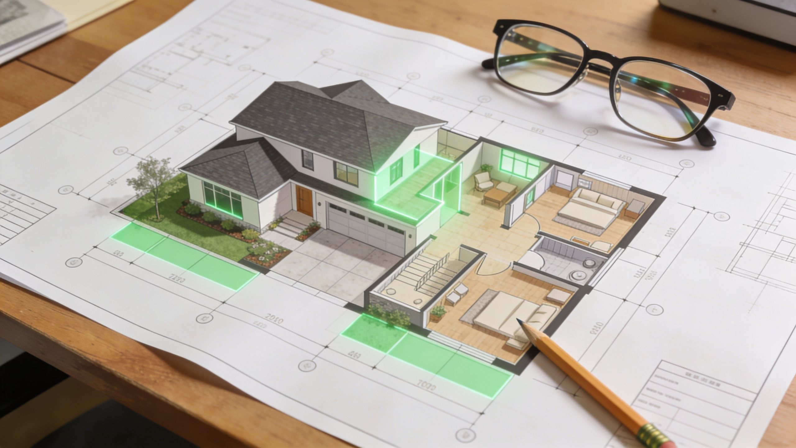 A 3D house model architectural plan on paper blueprints next to eyeglasses and a pencil.