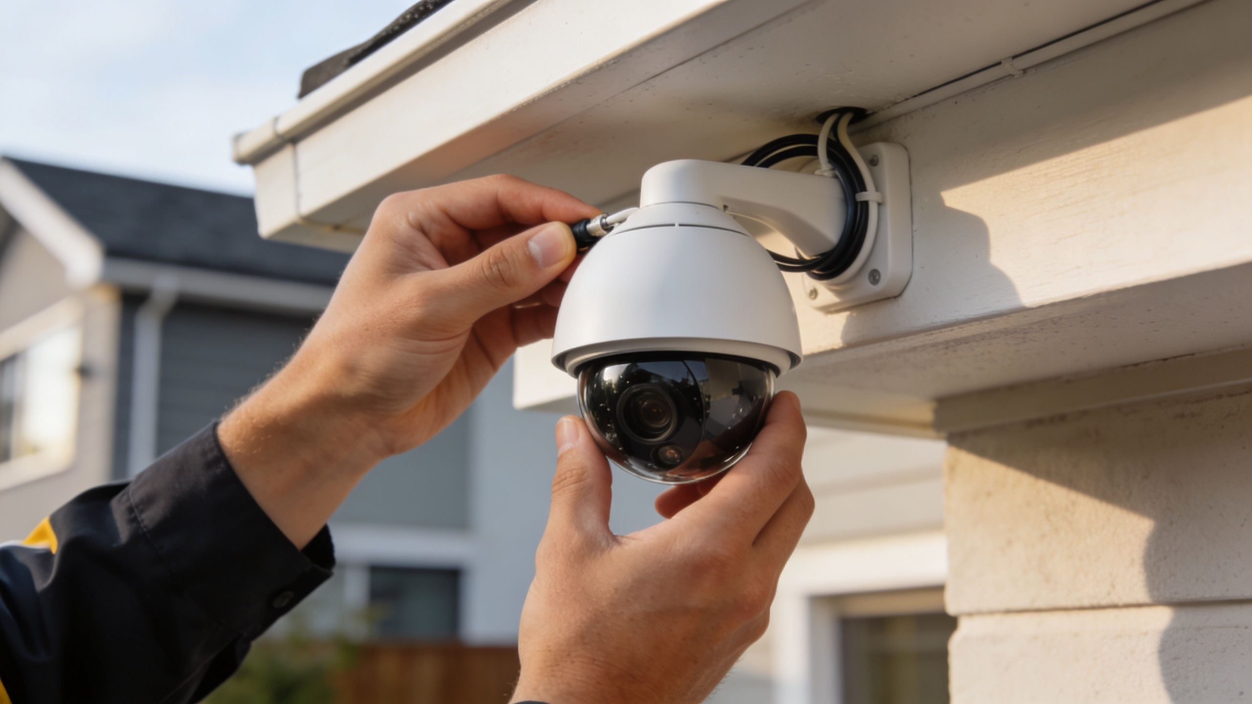 A professional technician carefully installing and wiring a white security dome camera on a home eave.