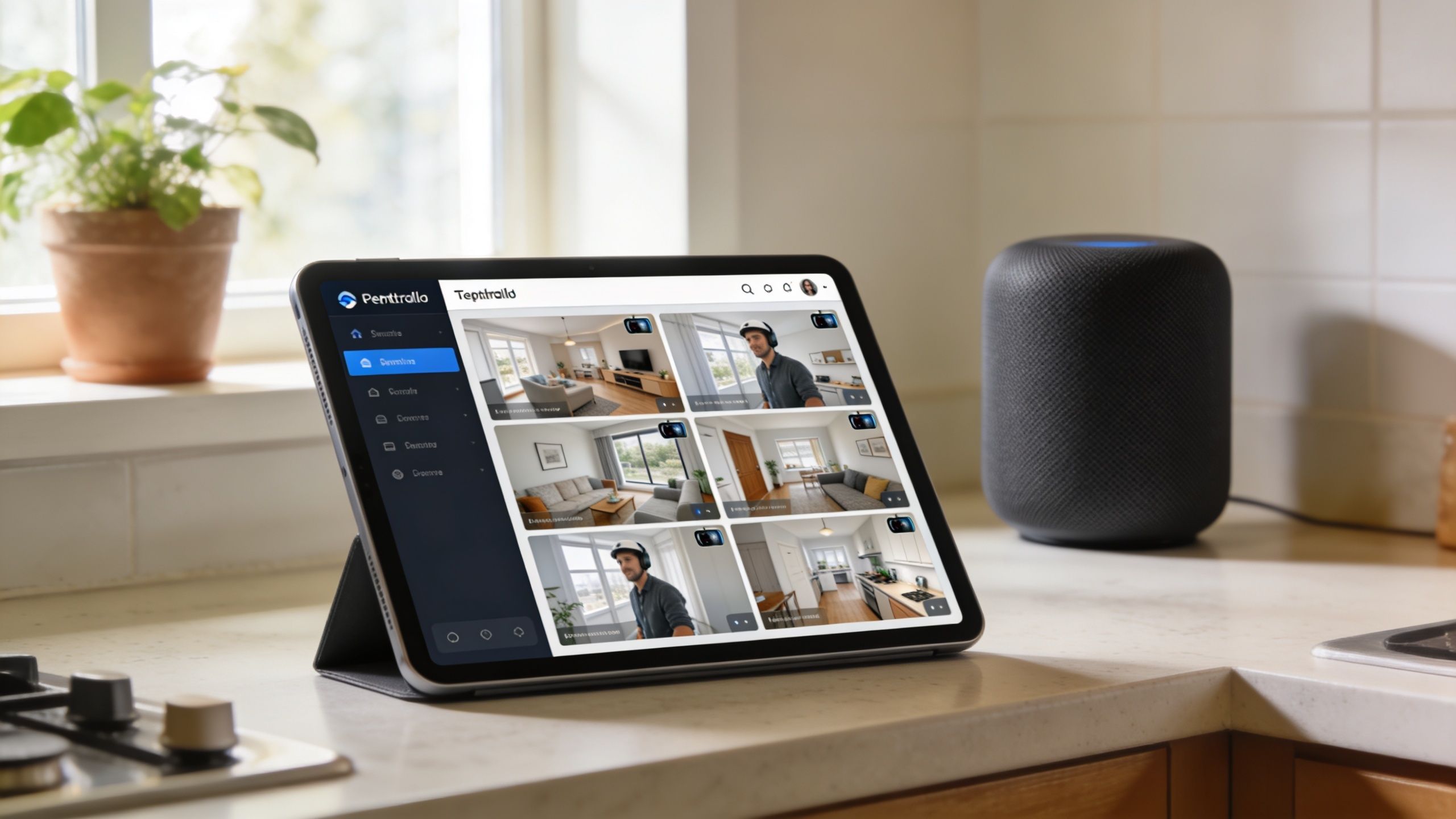 A digital tablet displaying a home security camera interface sits on a kitchen counter near a speaker.