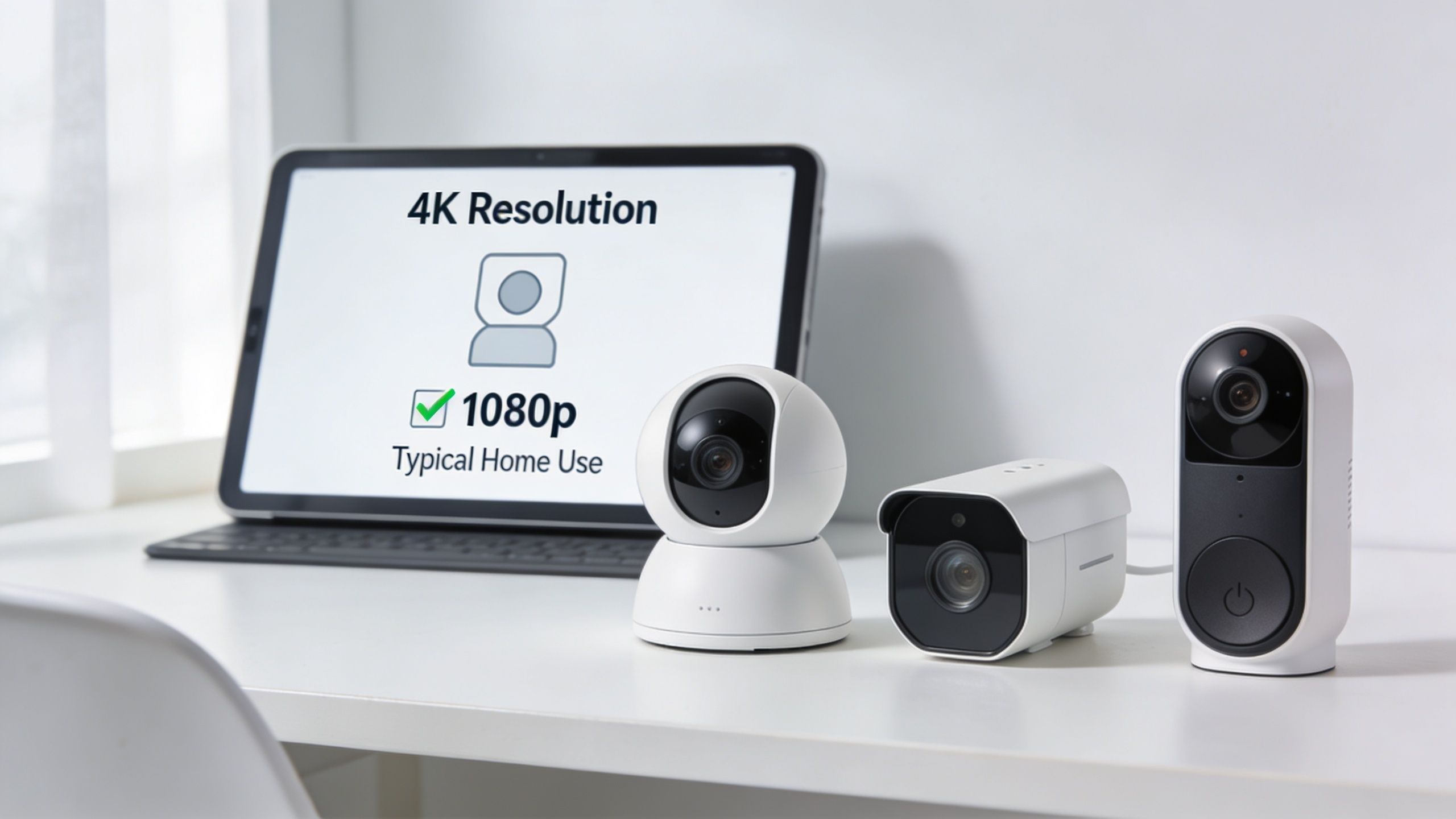 A tablet screen displaying 4K and 1080p resolution options next to three modern home security cameras.