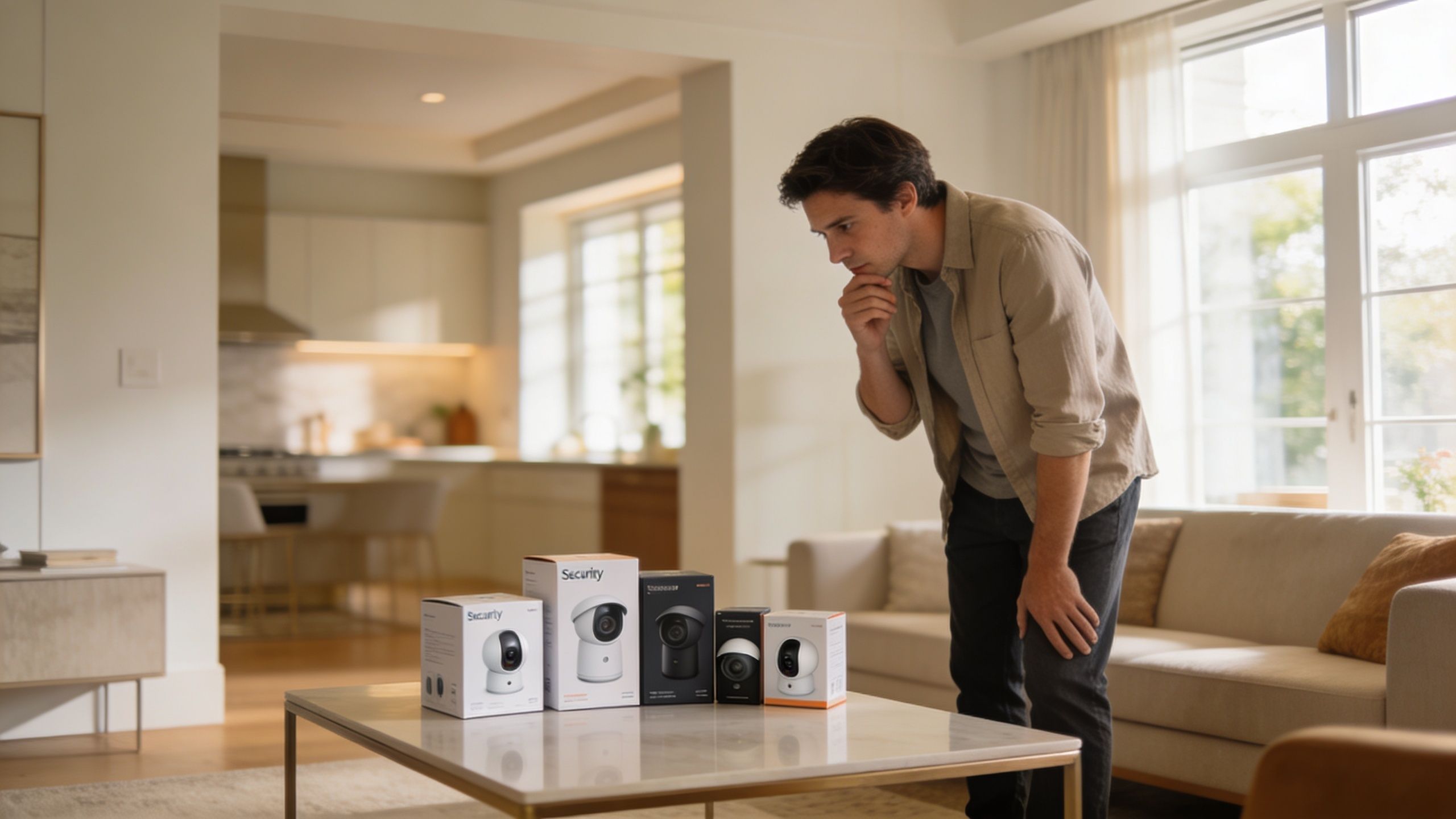 A man thoughtfully looking at various home security camera packages arranged on a living room coffee table.