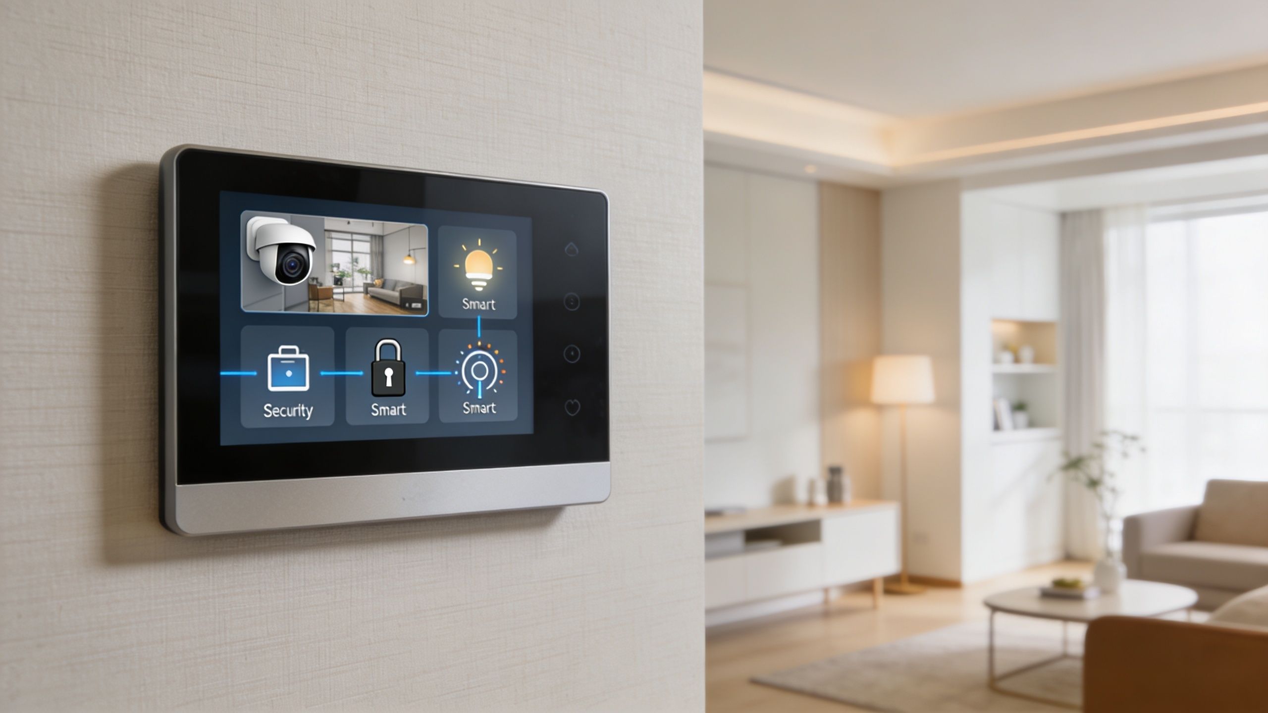 A modern smart home control panel mounted on a wall displaying various home automation and security system settings.
