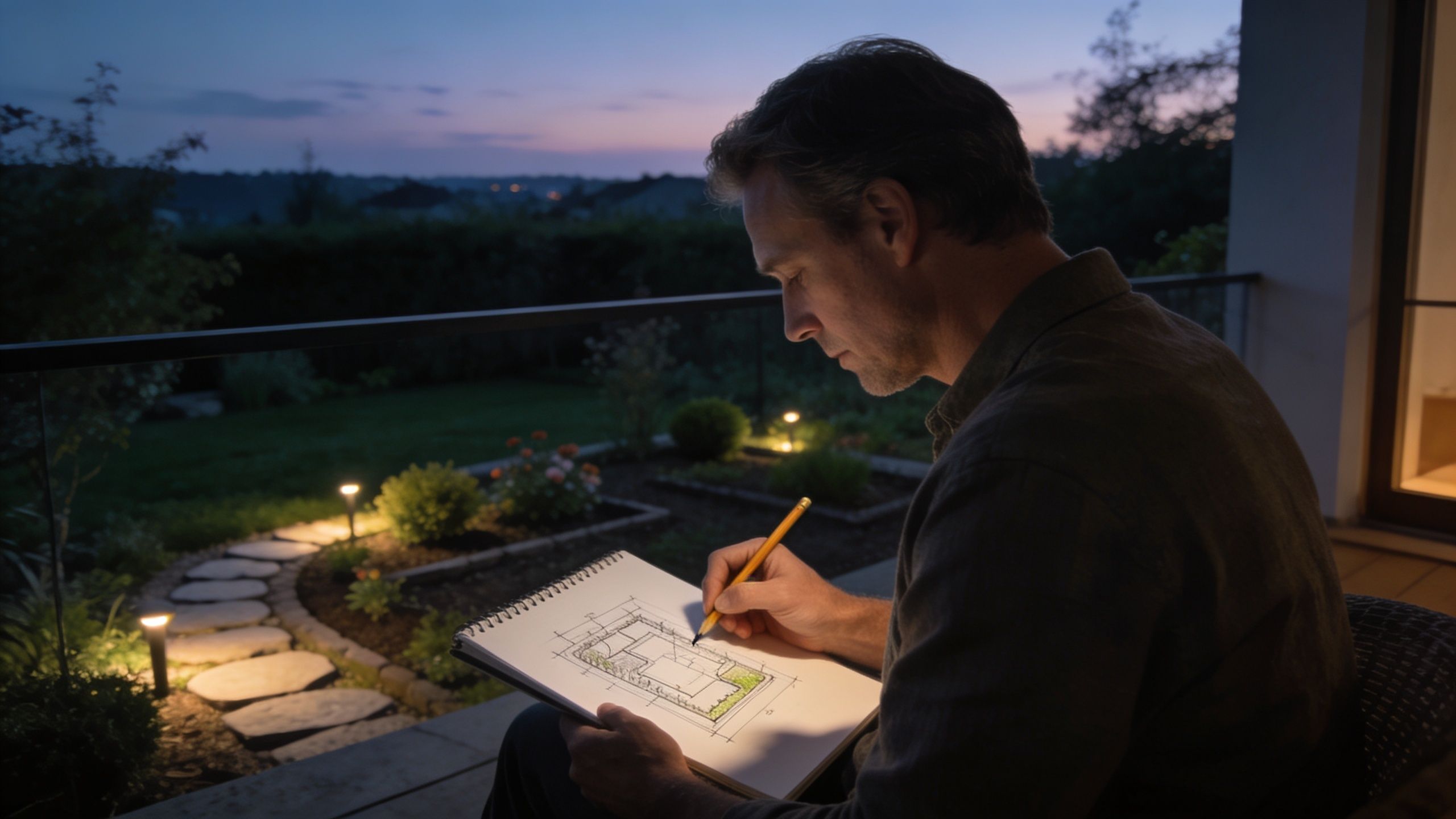 A landscape architect sketches a detailed lighting plan for a backyard garden on a patio at dusk.