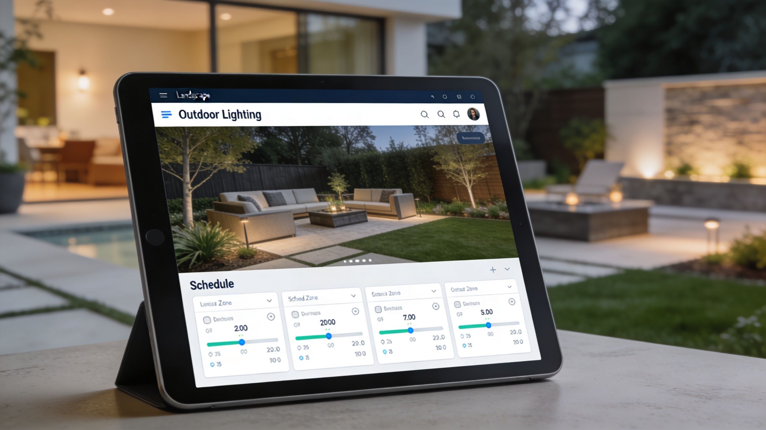 A digital tablet displaying an outdoor landscape lighting control app on a patio table at night.