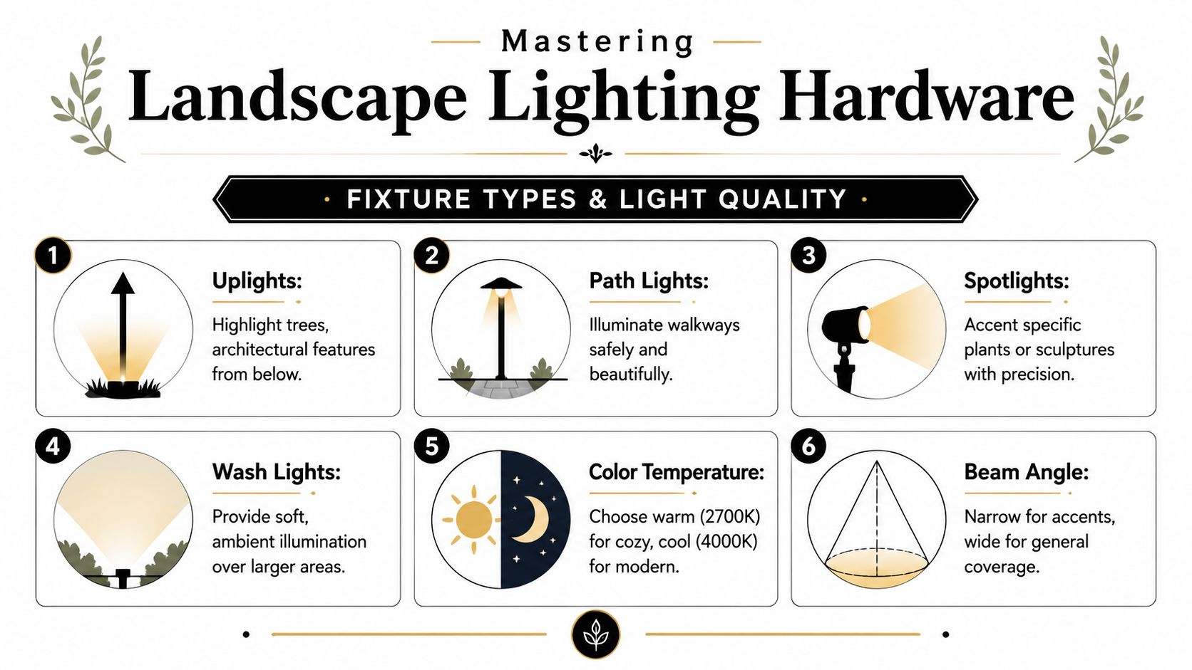 An educational infographic titled Mastering Landscape Lighting Hardware, illustrating six common outdoor lighting fixtures and concepts.
