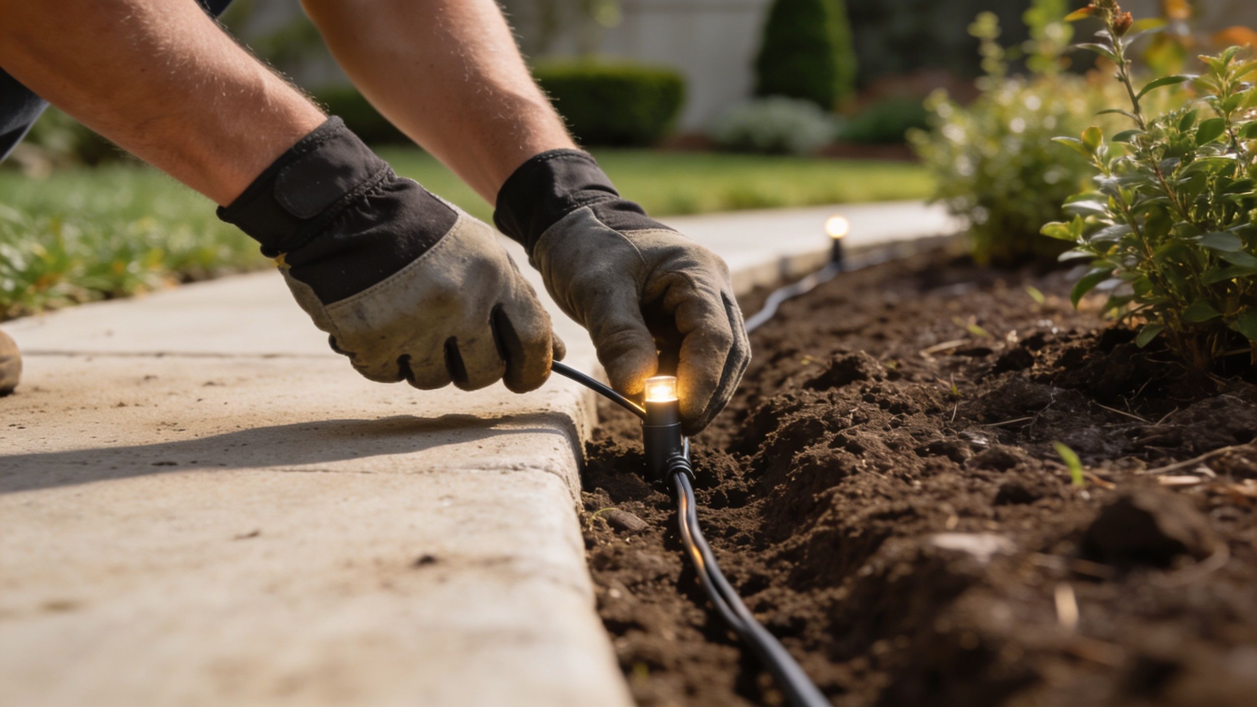 A pair of hands wearing work gloves installing a small landscape path light into the dark soil.