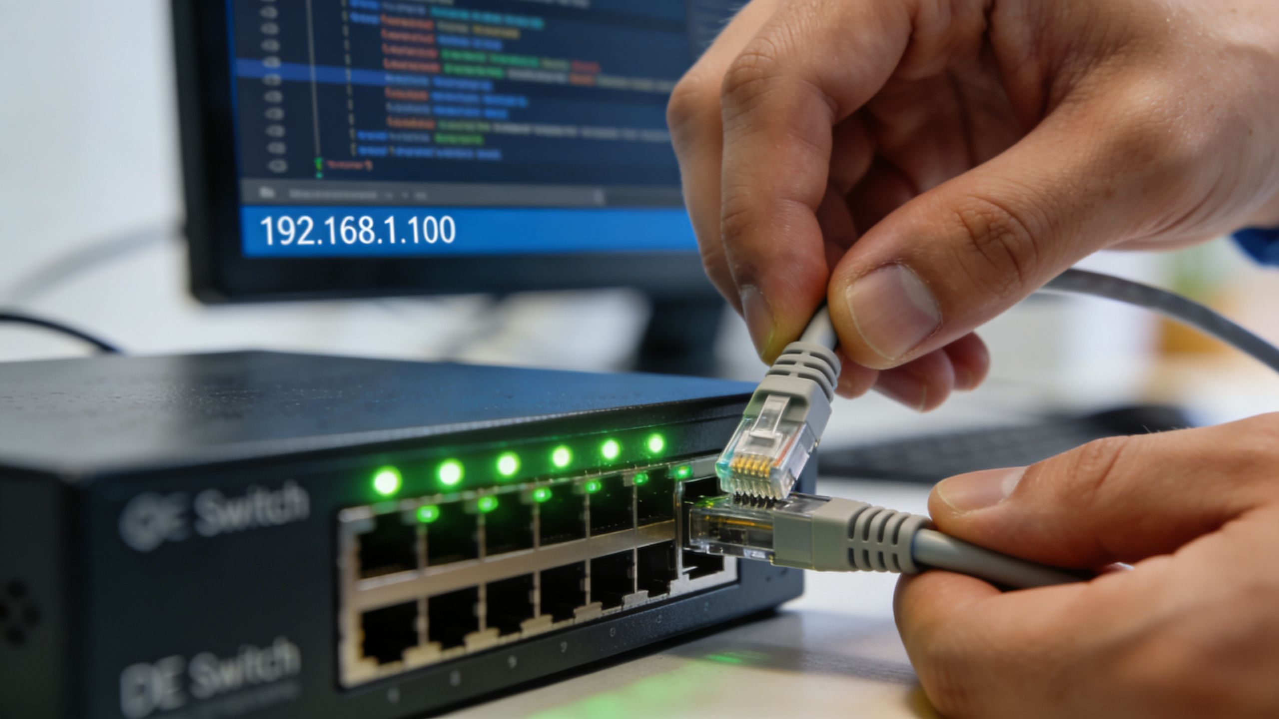 A person plugging an Ethernet cable into an network switch to configure an IP camera setup.