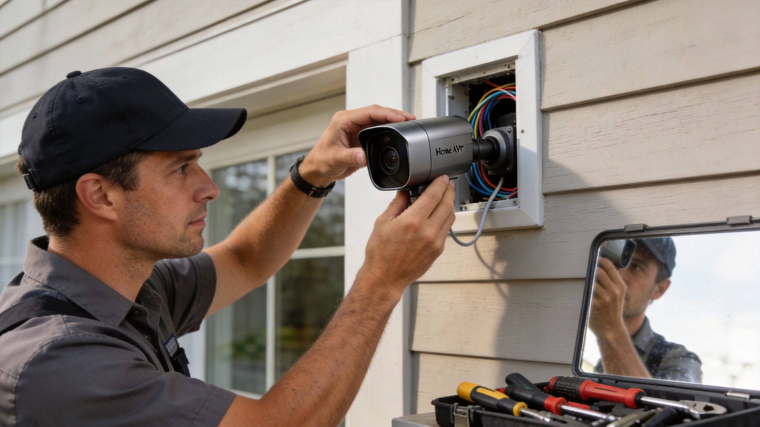 A professional technician installs a modern Home AVR security camera onto the exterior wall of a house.
