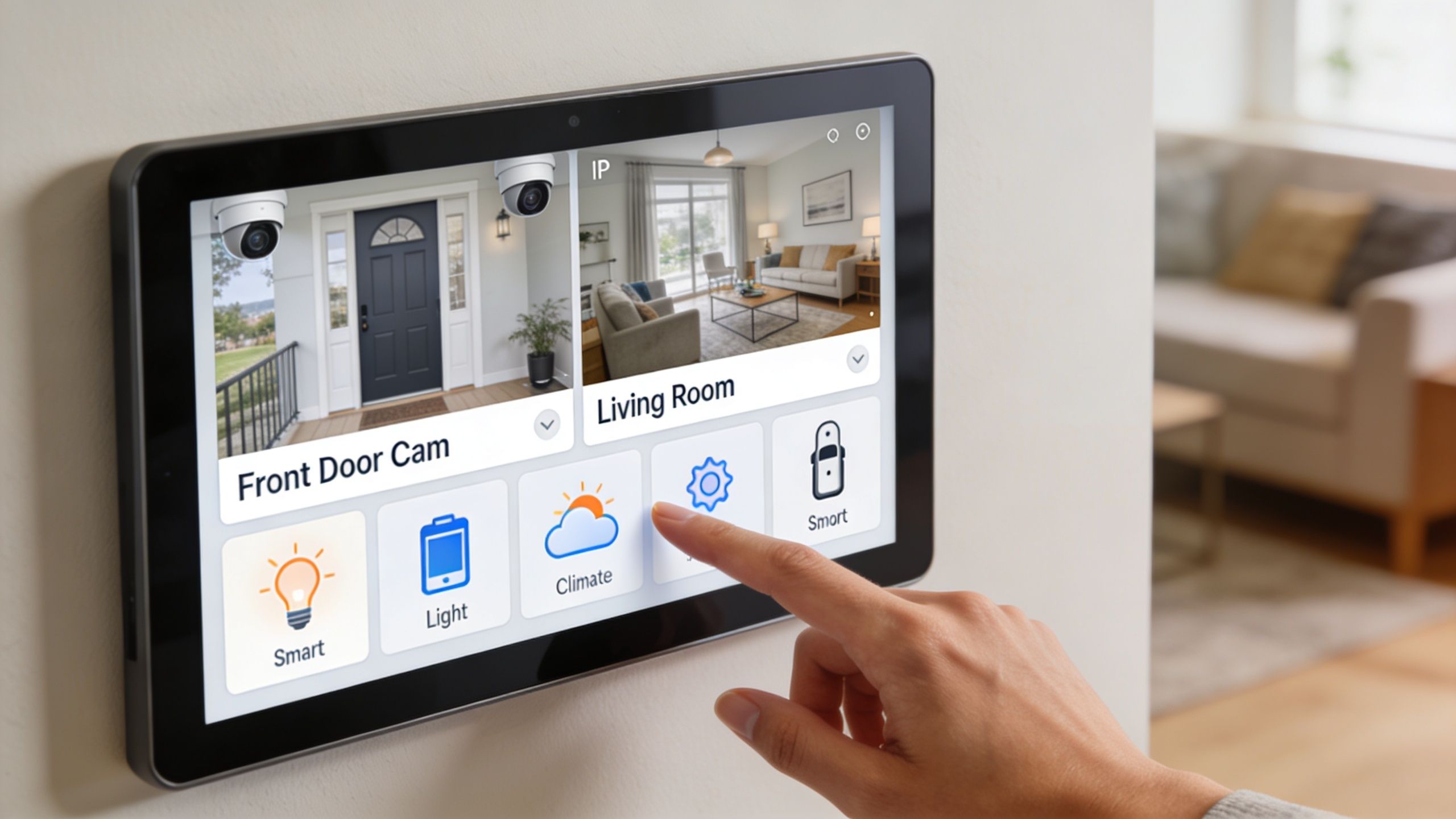 A hand touching a smart home control wall screen showing security cameras and home settings.