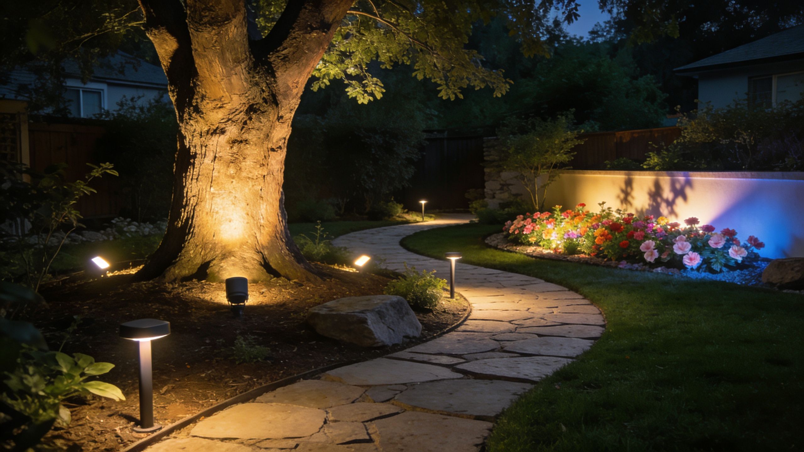 A scenic backyard garden illuminated at night with warm path lights and spotlighting on a large tree.