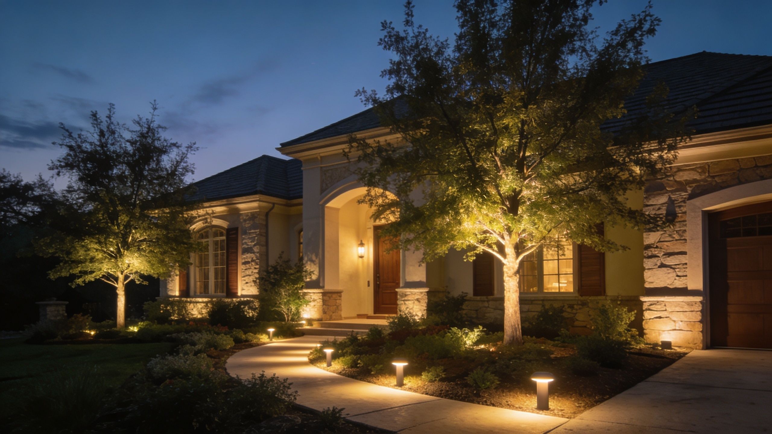 A luxurious house exterior featuring beautiful landscape lighting along the pathway and illuminated trees at night.