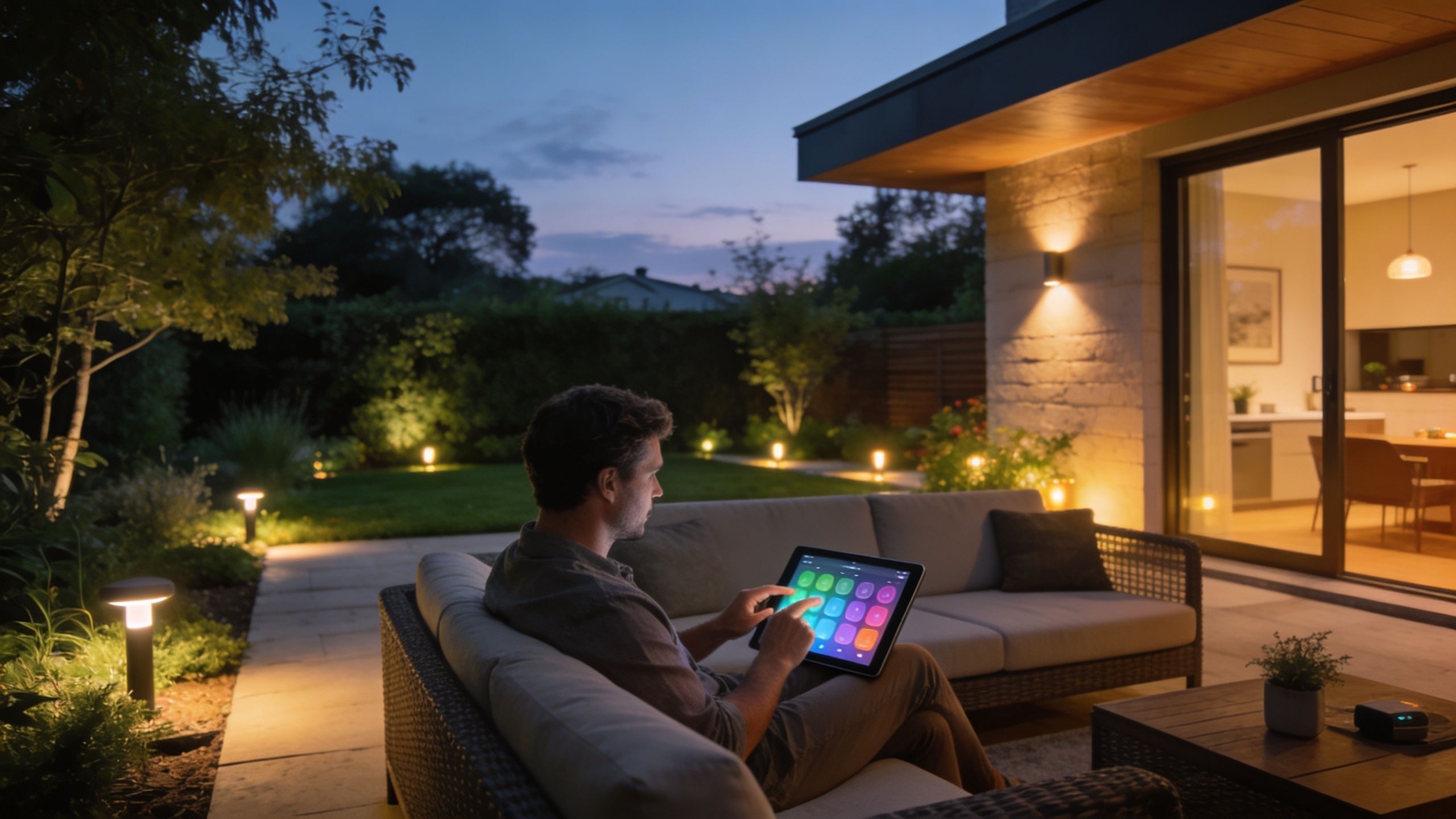 A man sits on an outdoor sofa at night using a tablet to control landscape lighting features.