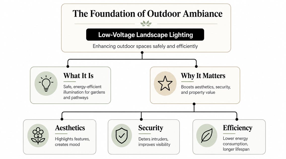 A flowchart explaining the benefits and functions of low-voltage landscape lighting for residential garden spaces.