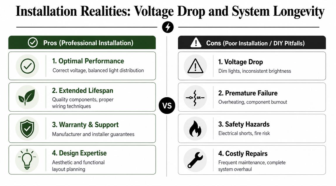 A comparison chart showing benefits of professional landscape lighting installation versus the risks of DIY mistakes.