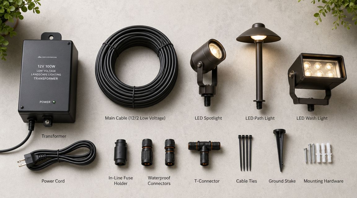 A complete landscape lighting kit components including a transformer, LED lights, cables, and installation hardware tools.