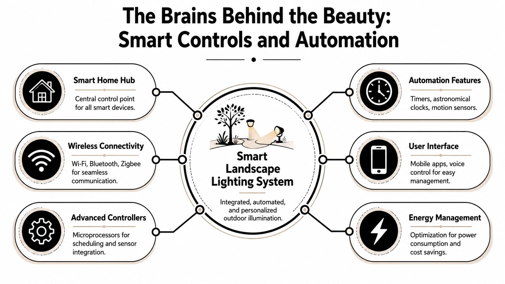 A diagram illustrating the key components of a smart landscape lighting system for automated outdoor illumination.
