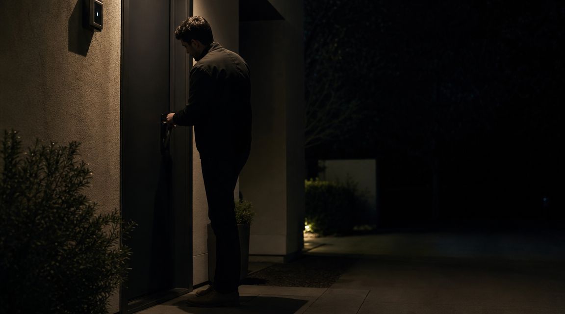A man using motion sensor lighting to unlock his front door during a dark night.