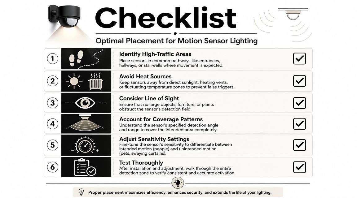A checklist infographic illustrating six essential tips for the optimal installation and placement of motion sensor lighting.
