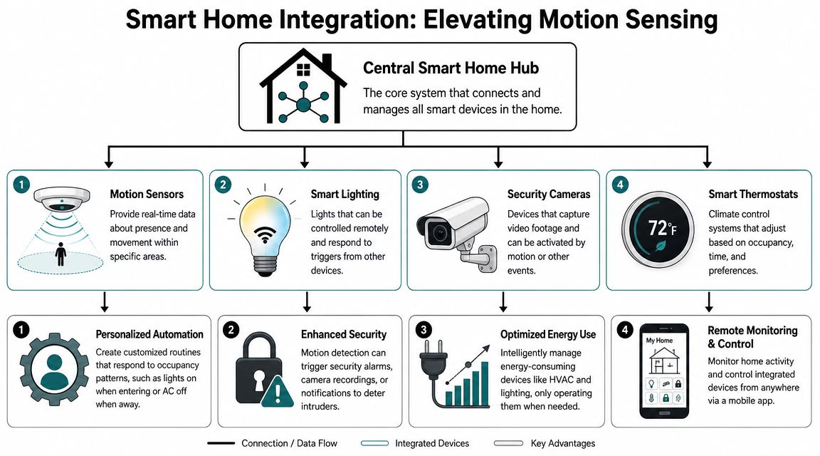 A diagram illustrating how central smart home hubs integrate motion sensors to automate home security and energy.