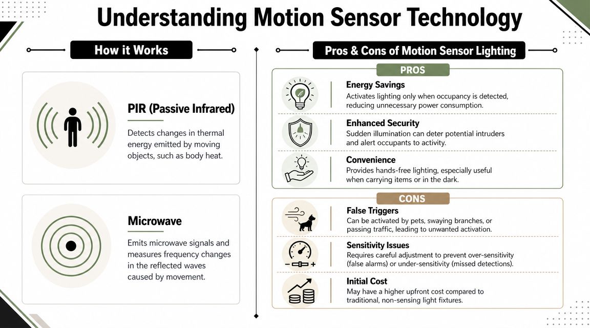 An infographic explaining motion sensor lighting technologies, including PIR and microwave sensors, plus pros and cons.