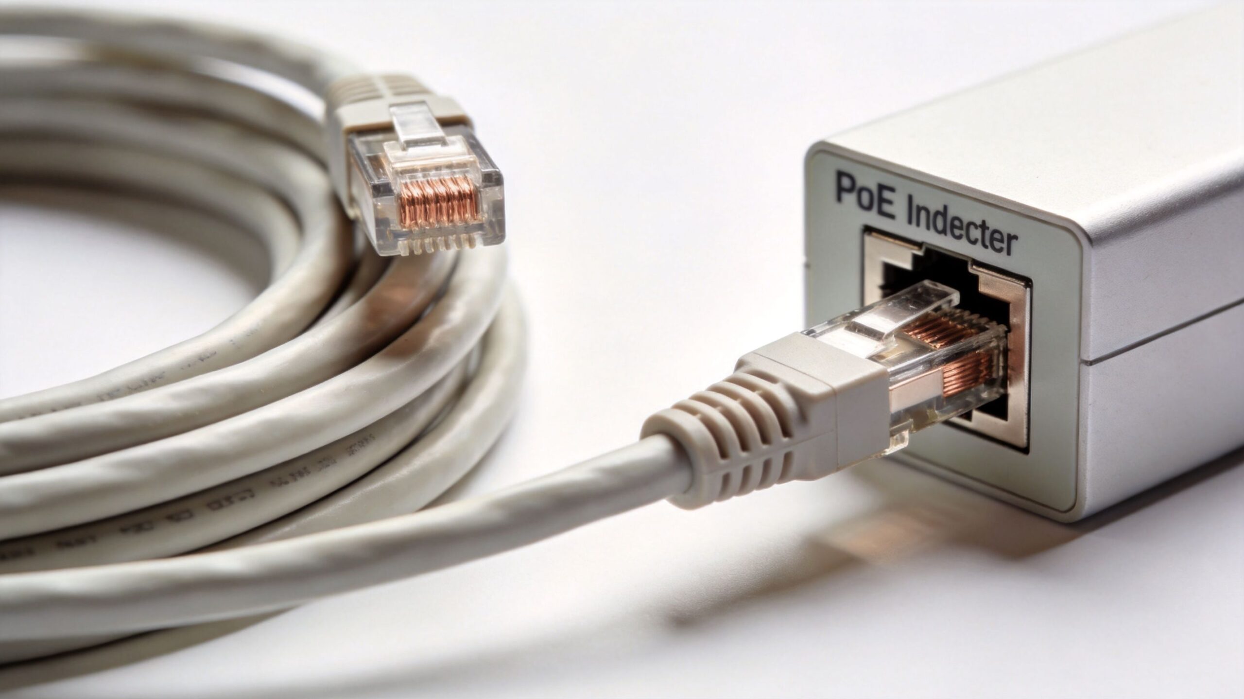 A Power over Ethernet injector device with a connected network cable and a coiled ethernet cable.